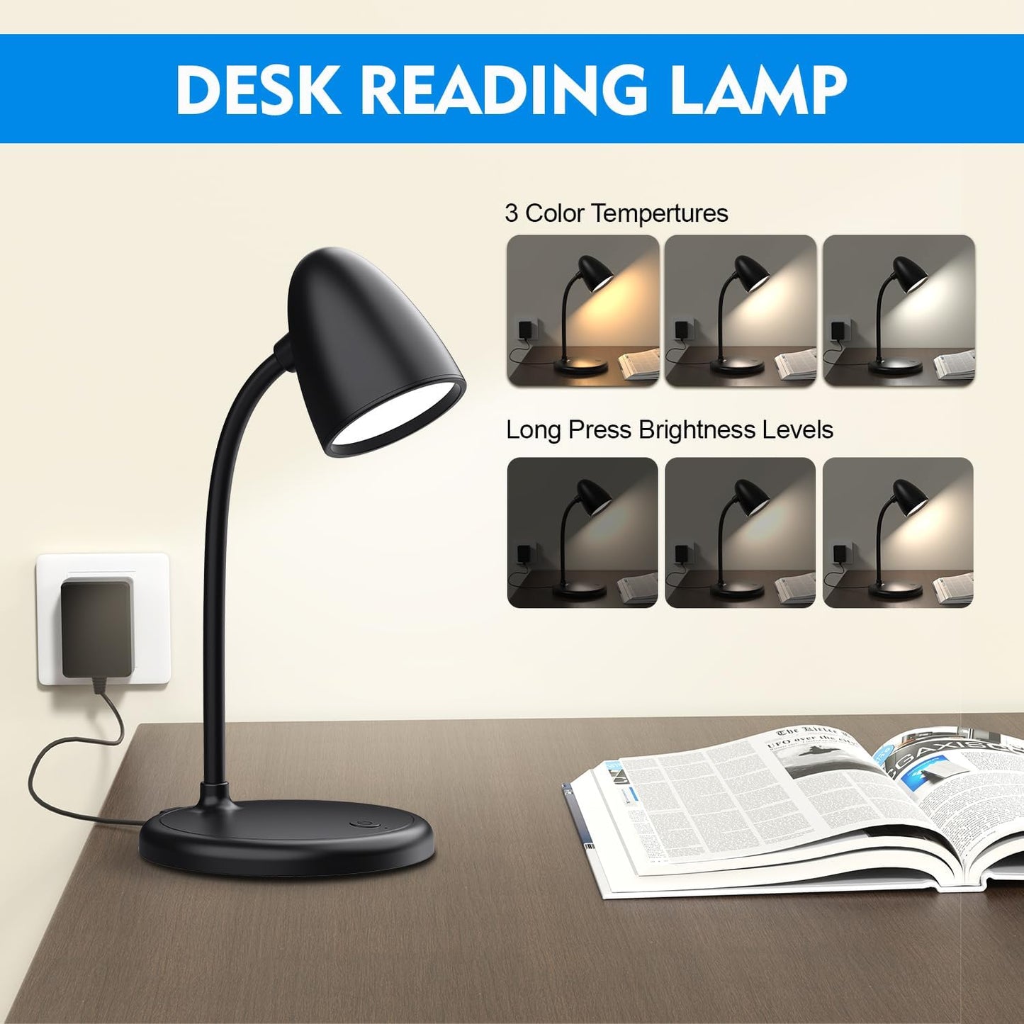 LED Desk Lamp for Home Office,3 Light Colors,Table Lamp,Dimmable Reading Light for Bedside Small Desk Lamp for College Dorm Room,Bedroom Desk Light,Black