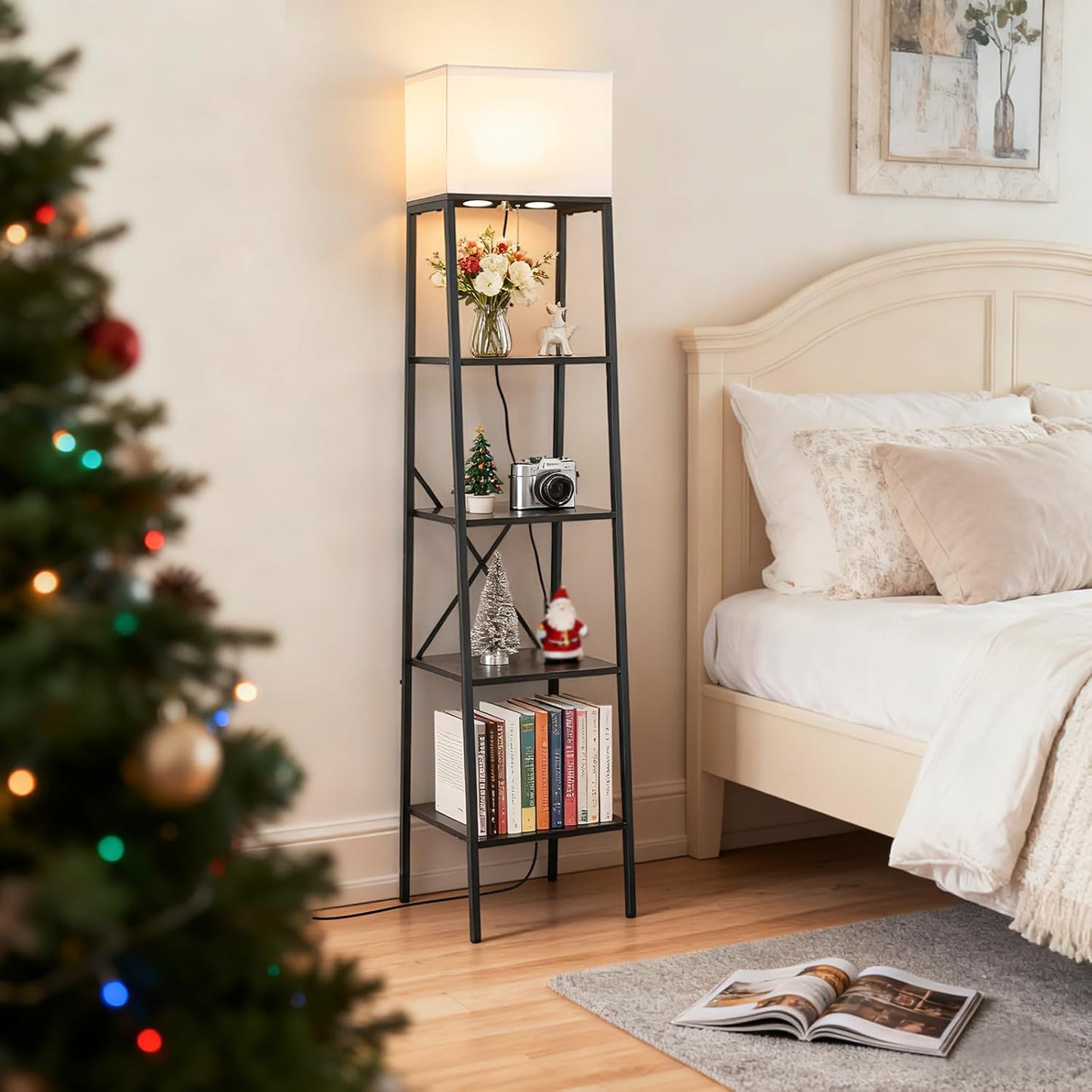 Ladder Shelf with Lamp, 4-Tier Bookshelf Bookcase, Freestanding Corner Storage Shelve for Home Office, Living Room, Kitchen, Bedroom, Industrial, Rustic Brown