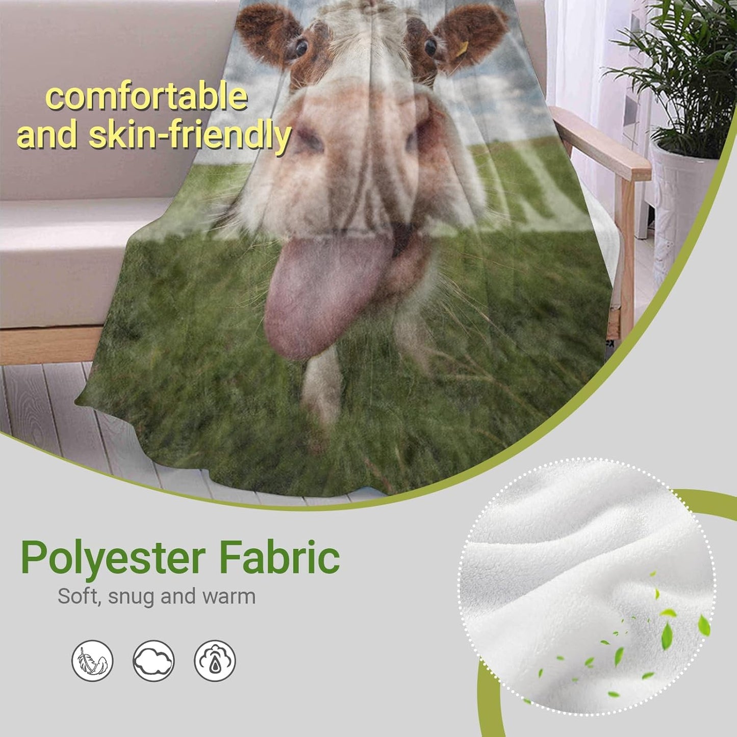 Cow Blanket, Lightweight All Seasons Warm Throw, 50x60 Inch Funny Realistic Flannel Blankets, Playful Farm Animal and Grassland Print Home Decor Accent and Gifts for Sofa, Bedding