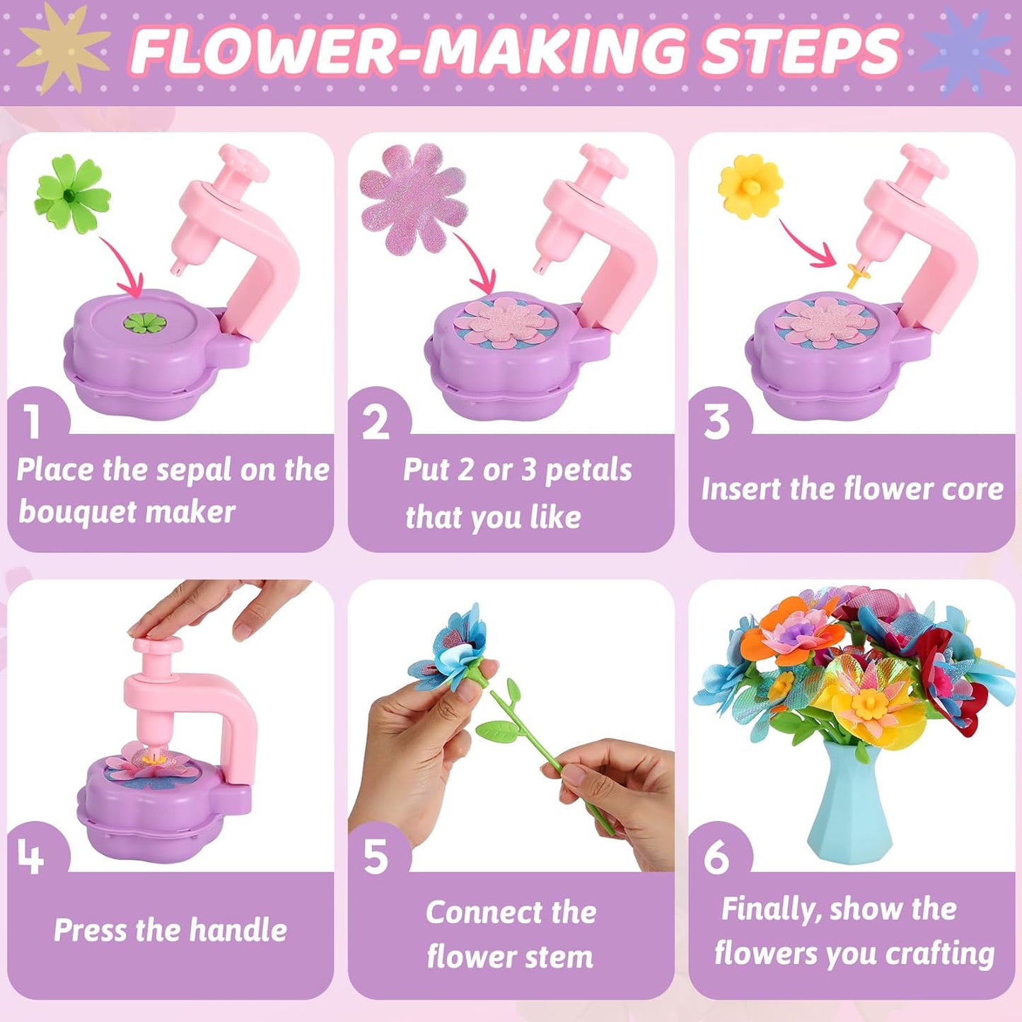 DAISRED Flower Craft Kits Toys, Easter Basket Stuffers Gifts for Kids, Arts and Crafts for Girls Ages 4-6-8, DIY Flower Making Kit for Kids, Birthday Gifts for 4 5 6 7 8 9 Year Old Girls Boys