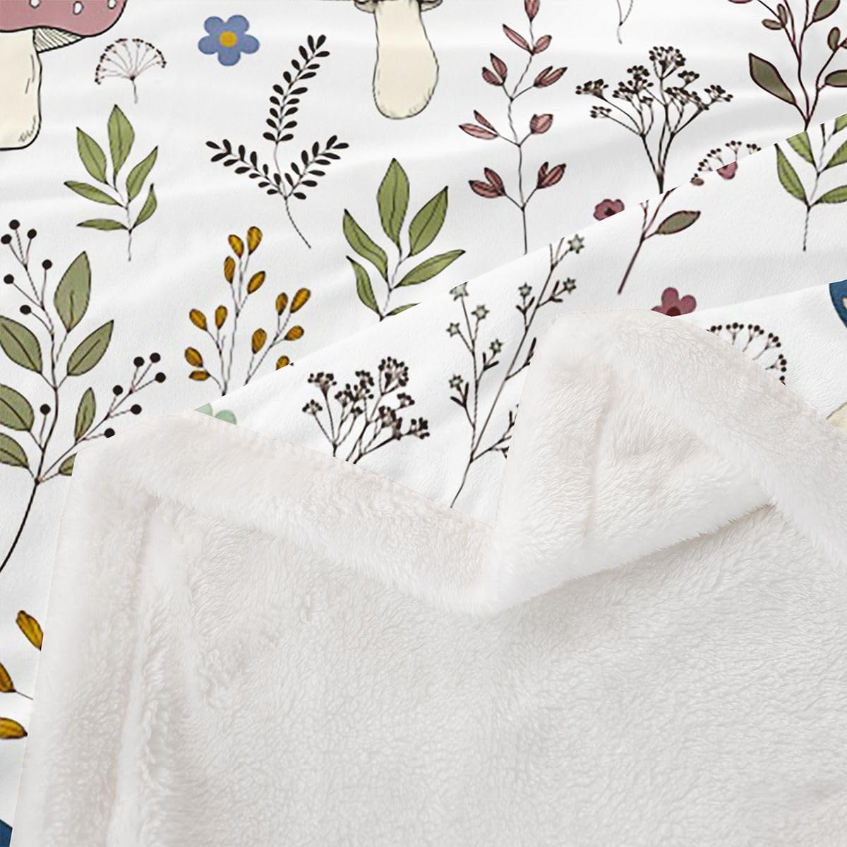 Feelyou Mushroom Sherpa Throw Blanket for Couch Boho Super Soft Cozy Fleece Vintage Floral Blanket for Winter, Plush Throw Throw 50"x60" All Season