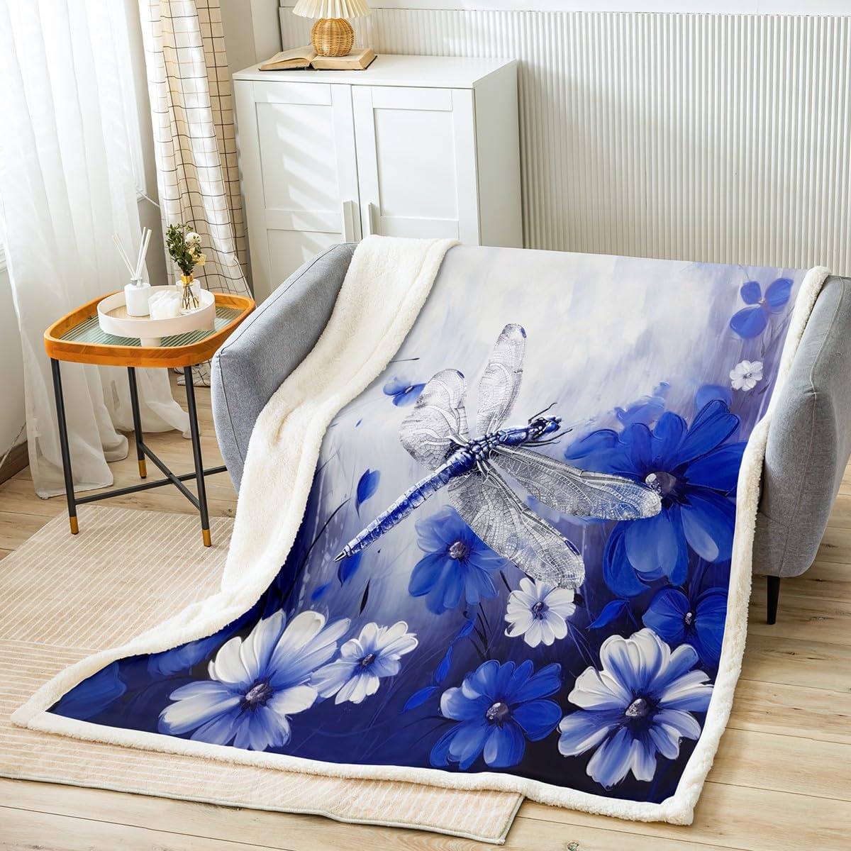 Erosebridal Dragonfly Blanket Daisy Flowers 60"x80" Throw Blanket,Navy Blue Ombre Oil Painting Fleece Blanket Graffiti Art Bed Blanket Rustic Animals Butterfly Bohemian Decor