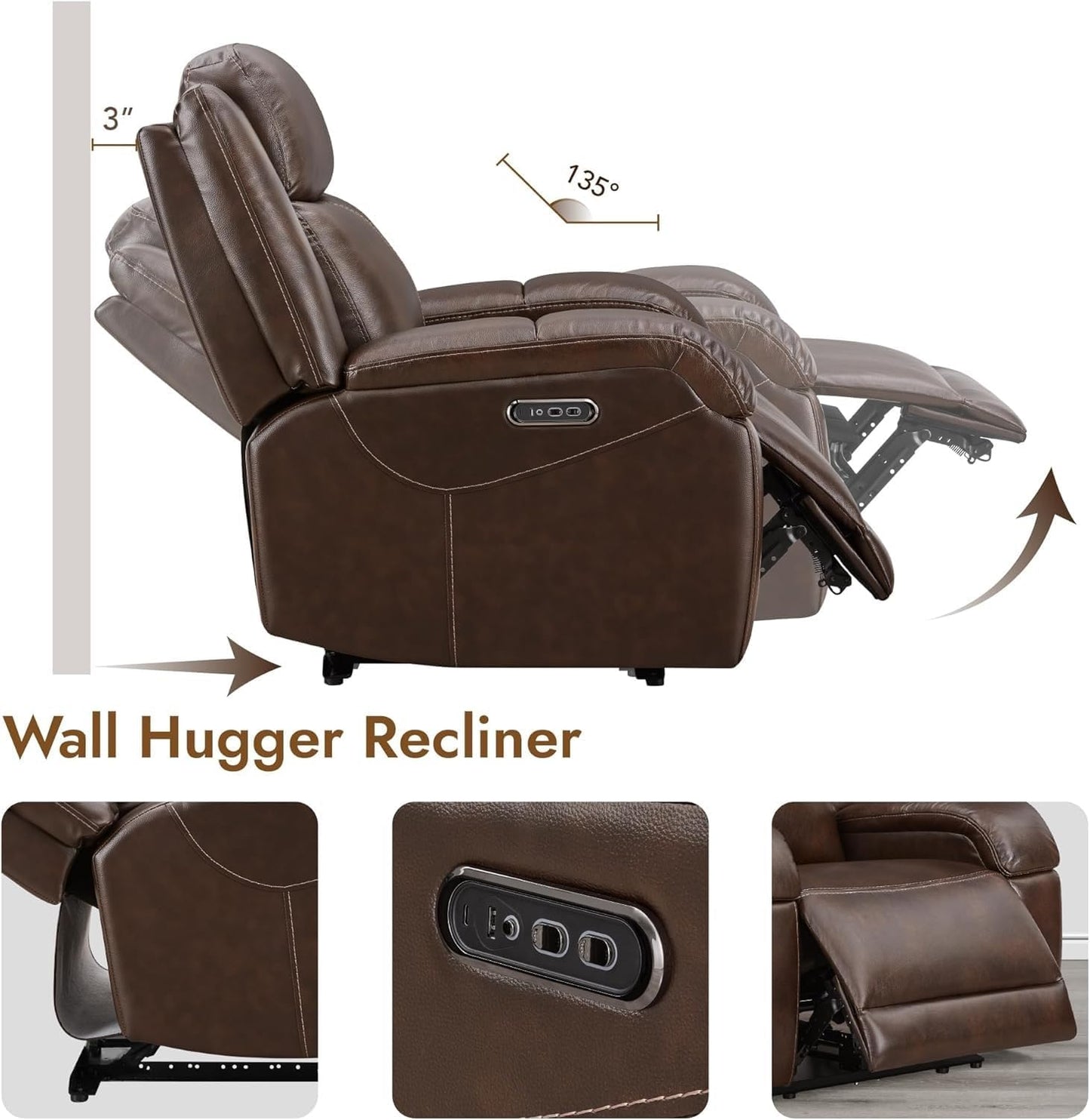 Modern Leather Power Recliner Chair, Breathable Leather with Power Headrest & Charging Ports, Adjustable Electric Recliner Sofa, Brown Comfortable Seating for Living Room