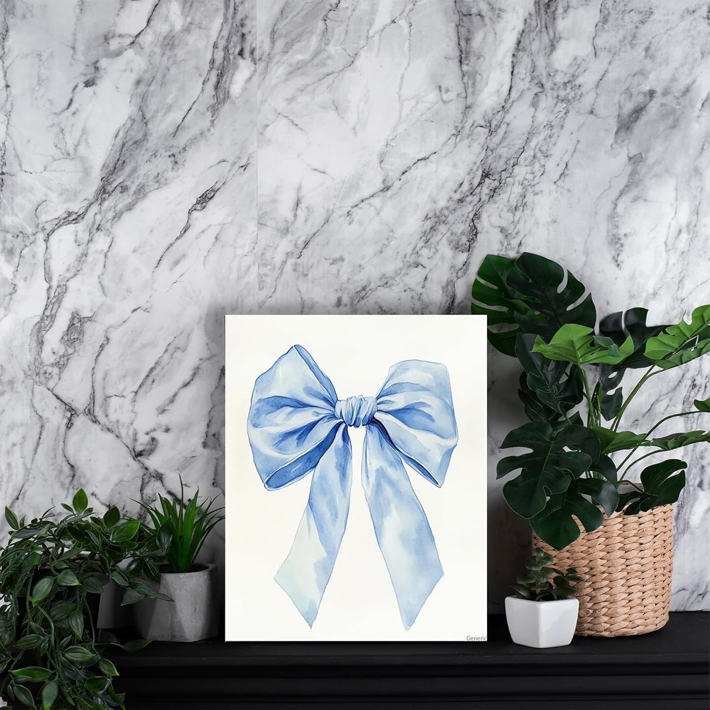 Preppy Style Wall Art Print Blue Aesthetic Bow Canvas Poster Trendy College Room Decor for Bedroom Dorm Apartment and Bathroom 8x10inch Framed
