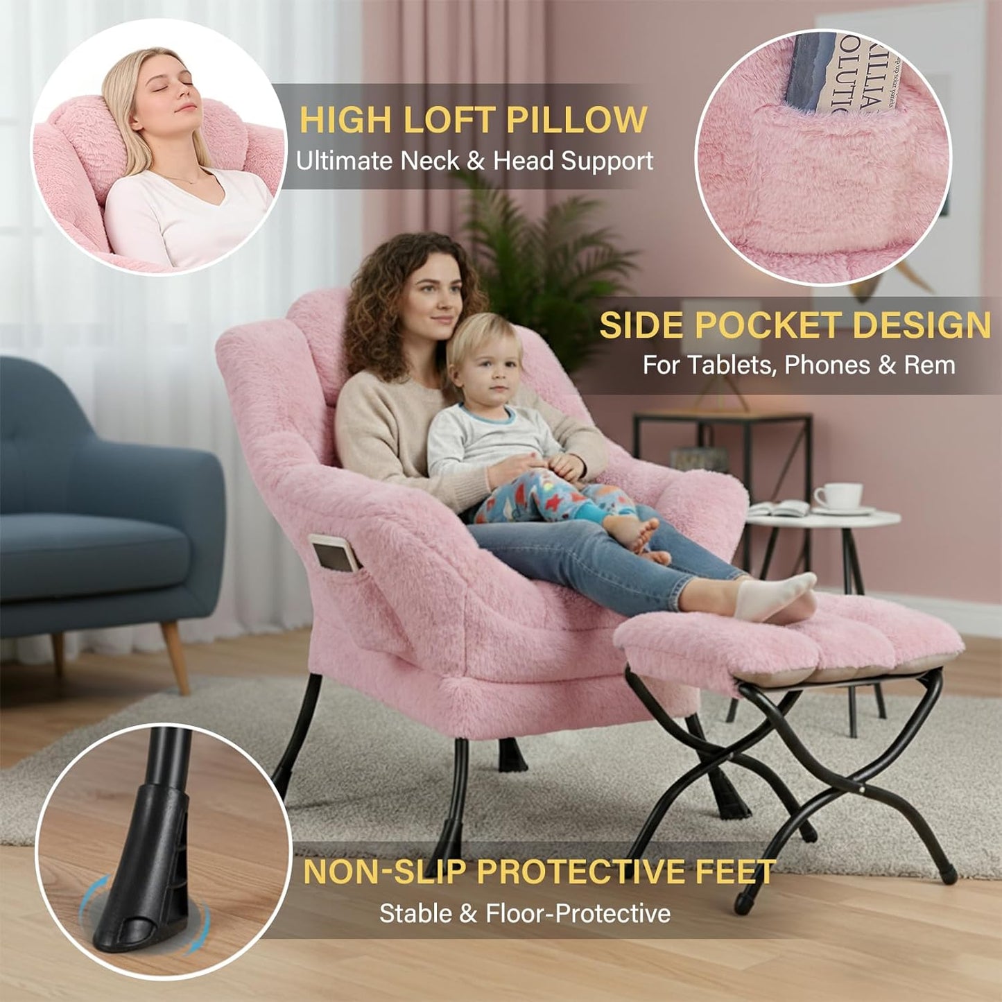 Lazy Chair and Ottoman, Large Contemporary Plush Pink Accent Chair with Side Pocket, Modern Leisure Upholstered Reading Armchair with Footrest for Office, Bedroom, Living Room, Dorm, Balcony