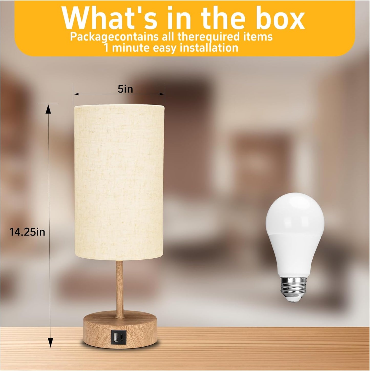 Bedside Table Lamp for Bedroom - 3 Way Dimmable Touch Lamp USB C Charging Ports and AC Outlet, Wood Base Round Flaxen Fabric Shade for Living Room, Desk,E26 Bulb Included