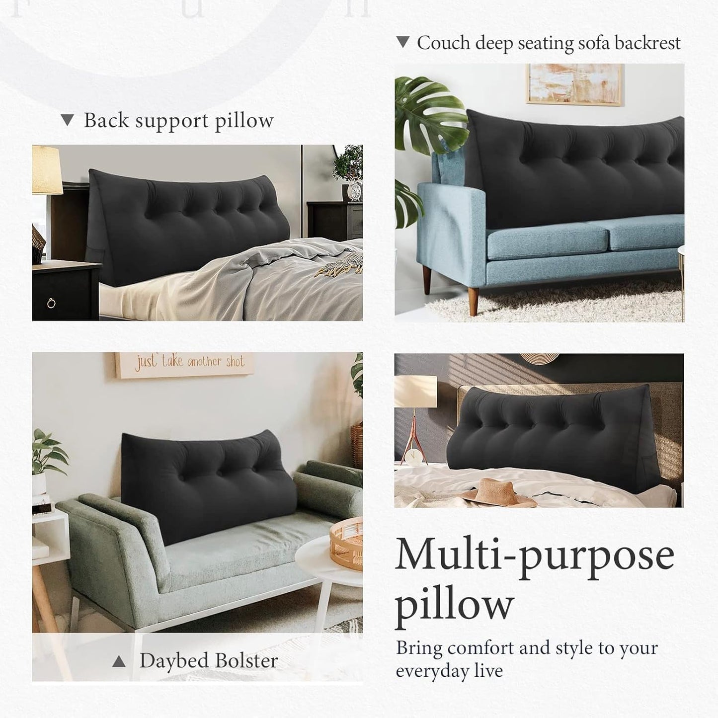 Headboard Pillow - 3 in 1 Large Bed Pillow as Wedge Reading Pillow, Large Couch Daybed Pillow or Positioning Support Backrest, Shredded Foam Back Support Pillow with Velvet Cover Twin Gloss