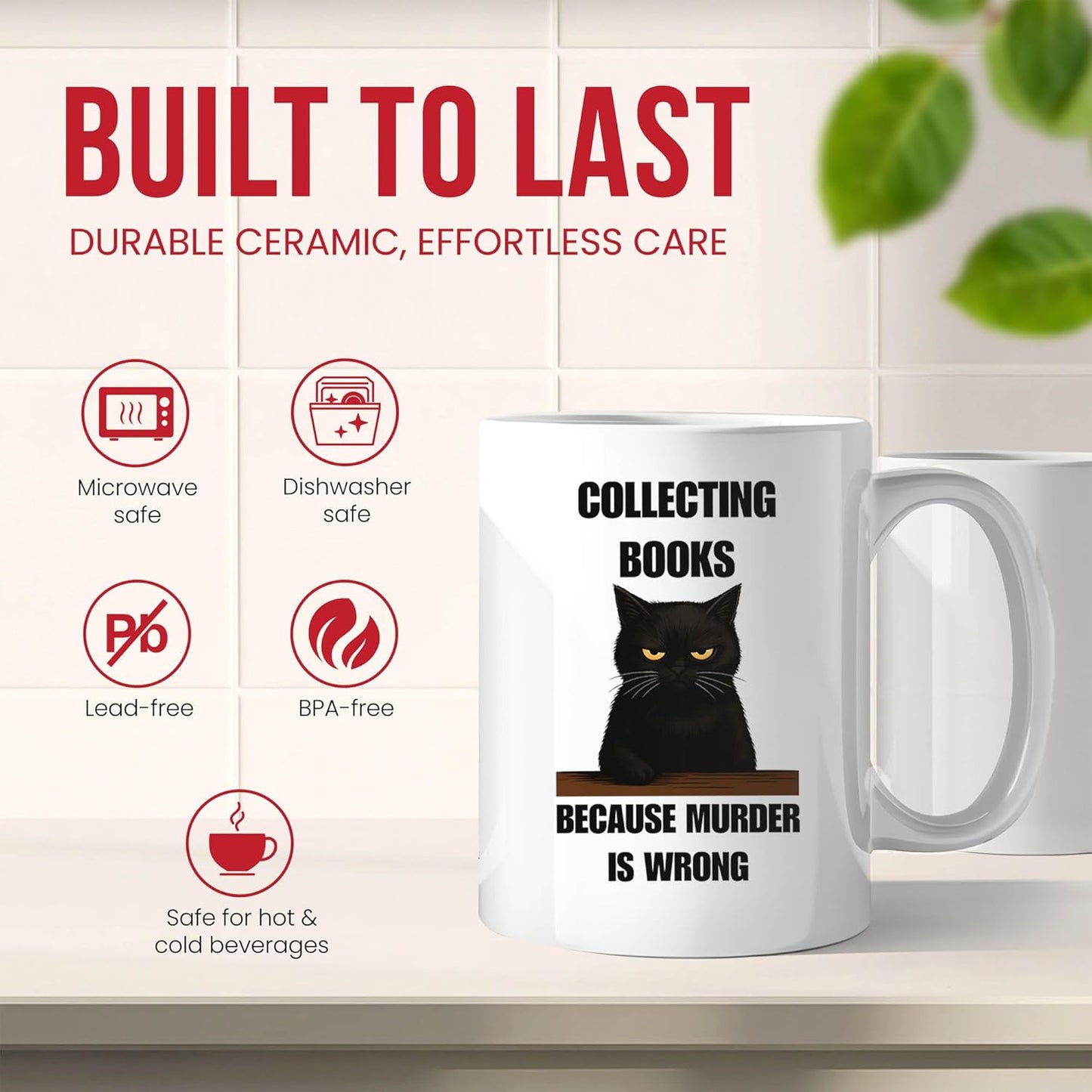 Collecting Books Because Murder Is Wrong Mug - Literary Enthusiast Coffee Cup - Bookworm Funny Gift From - Reading Lover Tea Mugs - Page Turner Cups - 11 Oz Ceramic Gifts For Bibliophiles, Birthday