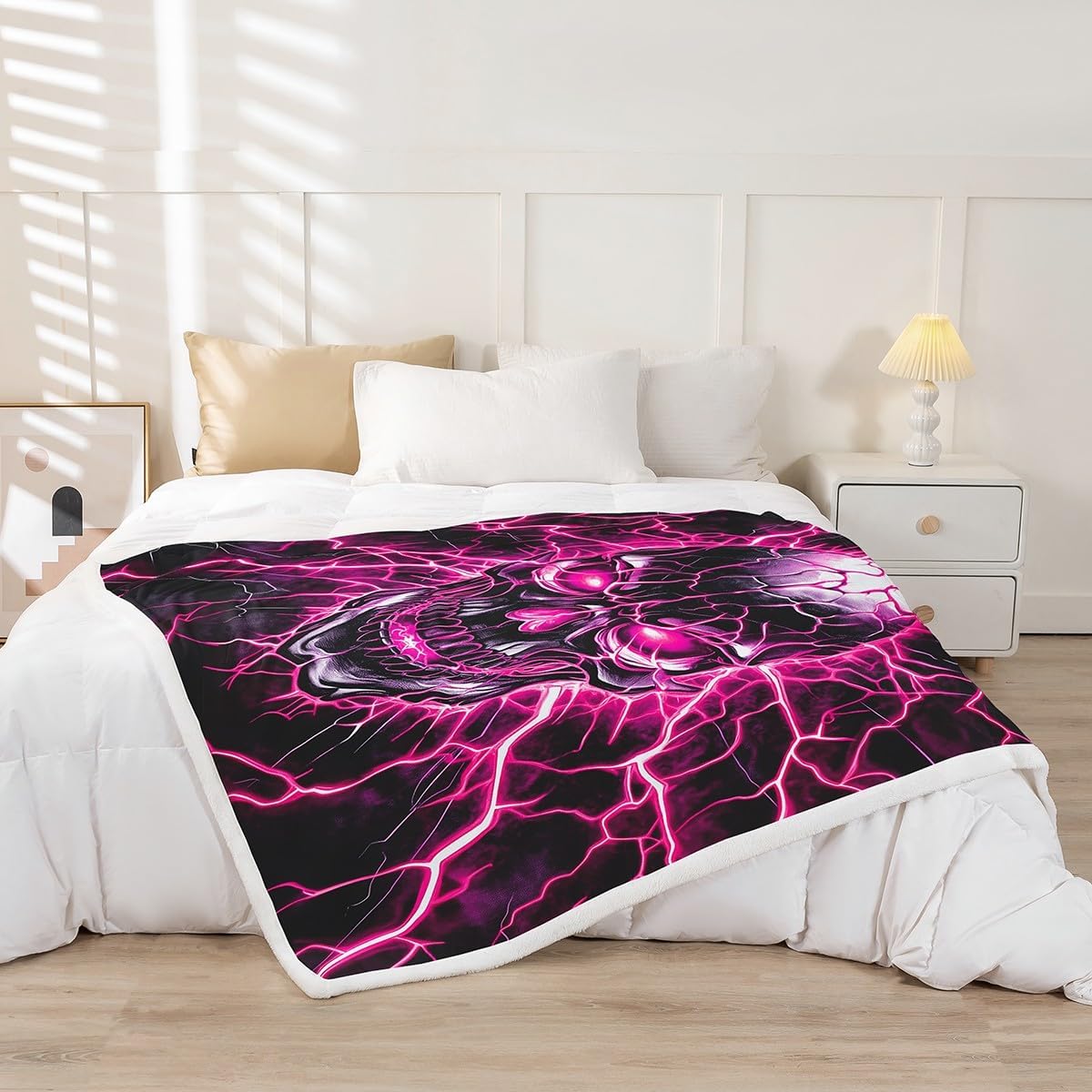 Pink Lightning Skeleton Bed Blanket,Gothic Skulls Flannel Blanket for Room Decor,Happy Halloween Theme Fleece Blankets for Kids Adults Sofa Dorm Decor,Throw 50"x60"