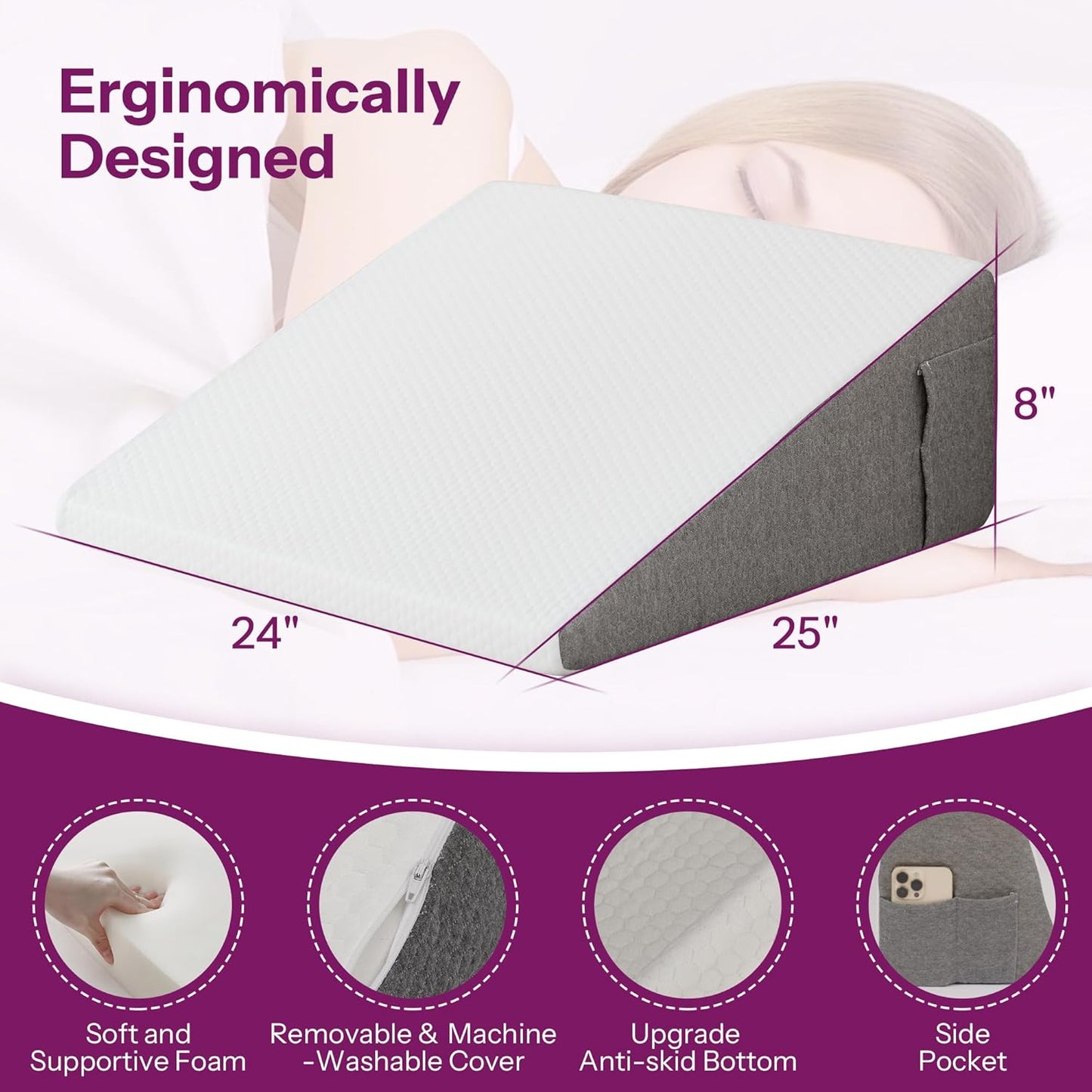 Wedge Pillow with Foam Top for Sleeping,Reading and Rest, 8 Inch Elevated Support Triangle Bed Pillow for Legs and Back Support with Washable Cover