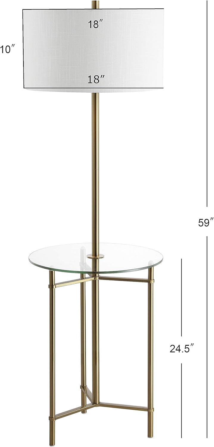 JONATHAN Y 59" Brass Gold Metal and Glass Side Table LED Floor Lamp, Modern Transitional Iron Standing Lamp with White Linen Drum Shade, UL Listed, LED Bulb Included JYL3059A