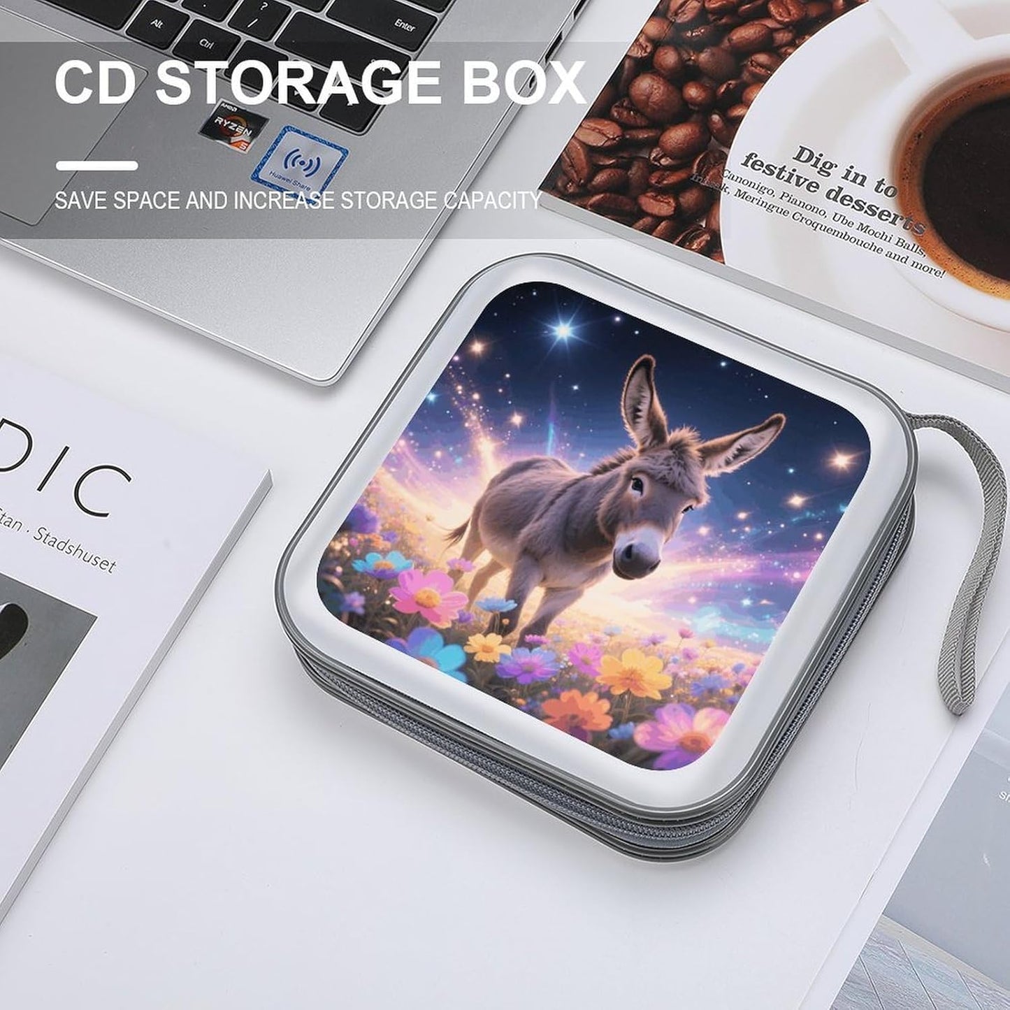Donkey in Magic Blooms CD Case Portable Zipper CD Case 40 Capacity Hard Plastic DVD Cases Holder Large Storage Disc Wallet Bag for Car Home Travel DVD Collection Bag