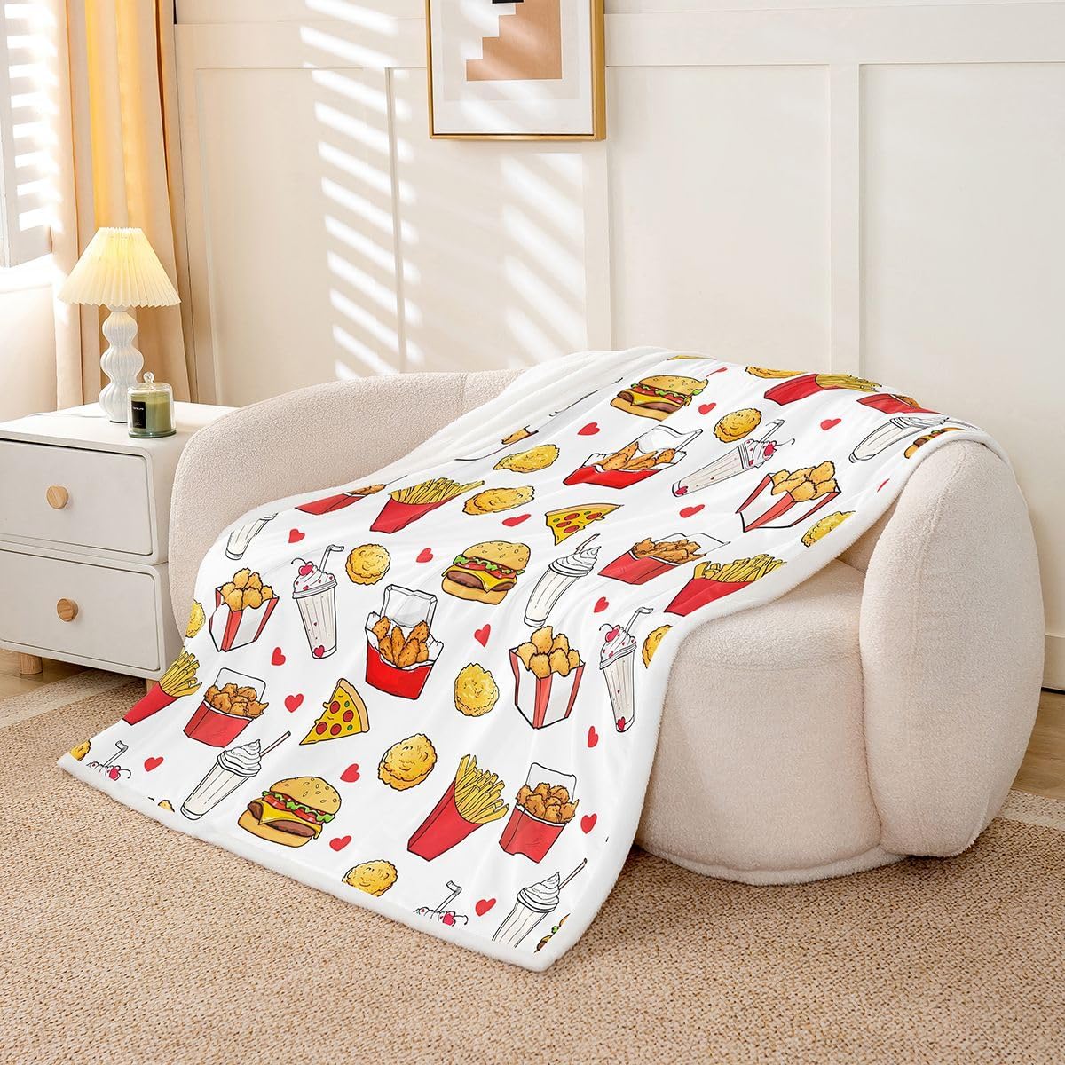 Feelyou Cute Pizza Sherpa Throw Blanket for Couch Chips Hamburger Super Soft Cozy Fleece Chicken Nugget Blanket for Winter, Plush Throw Food Theme Queen 90"x90" All Season