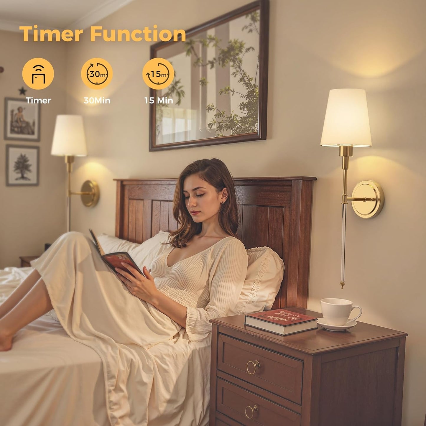 DORESshop Battery Operated Wall Sconce Set of 2, Wall Light Wireless Easy to Install, Dimmable and Adjustable Sconce Wall Decor, Rechargeable Wall Lamp for Bedroom, Living Room, Gold and Glass 24.6in