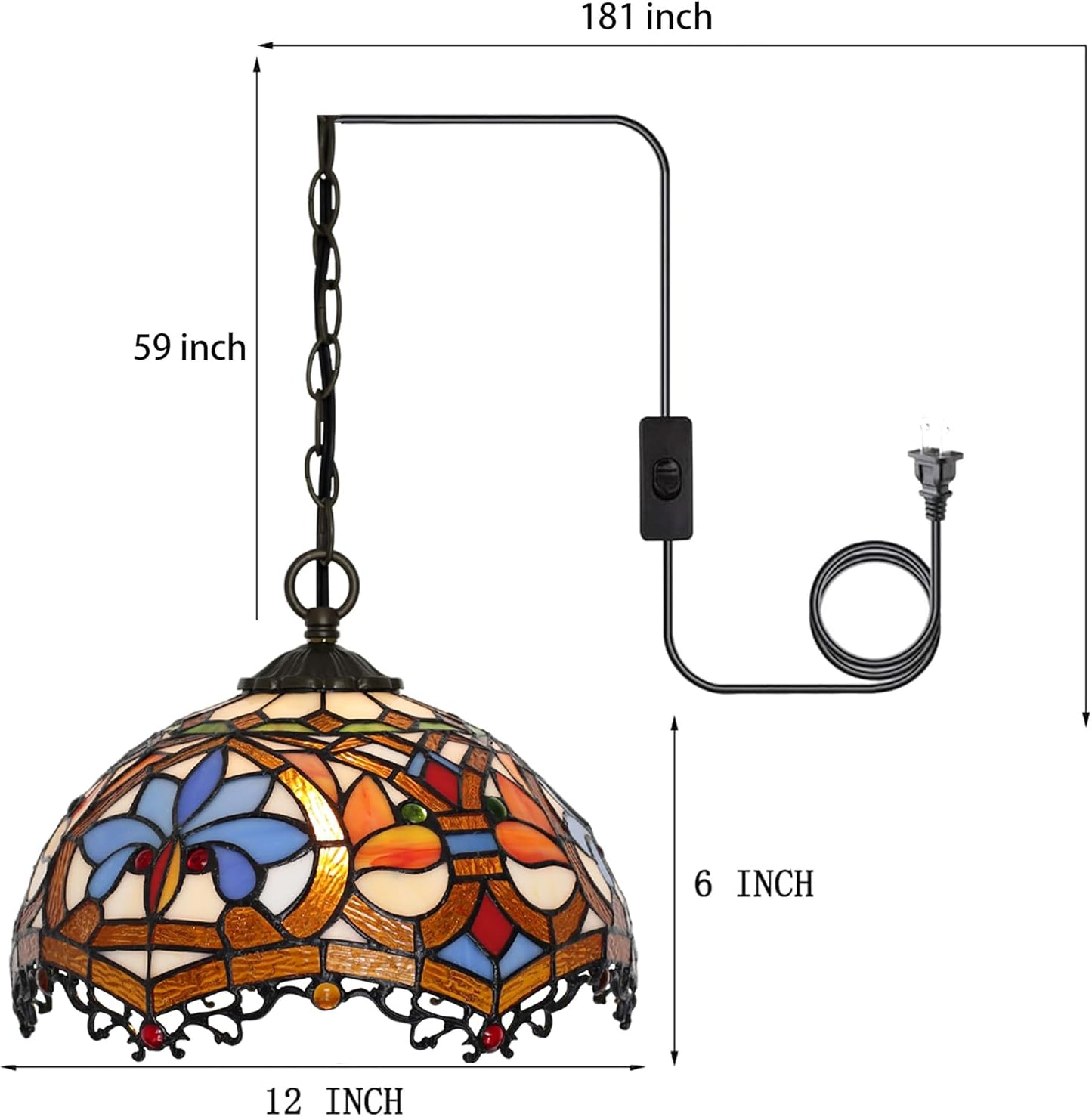 Tiffany Pendant Light Plug-in Stained Glass Hanging Lamp 12”x12”x181” Yellow Phoenix Tail Swag Light Vintage Lamp Decorative Lighting for Dining Room Living Room Kitchen Hallway