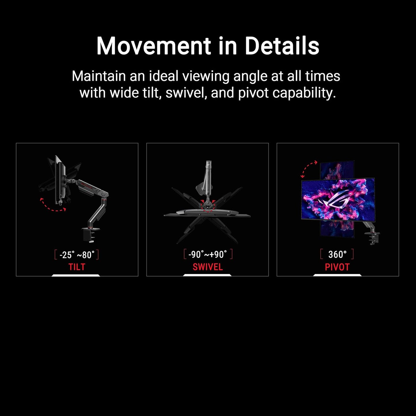 ROG Ergo Monitor Arm (AAS01R) – Mechanical Spring Monitor Mount with Desk Clamp and Grommet Mount, Holds Up to 49-inch* Within 13.5kg, Pivot/Swivel/Tilt/Rotation/Height Adjustable, VESA 100 x 100 mm