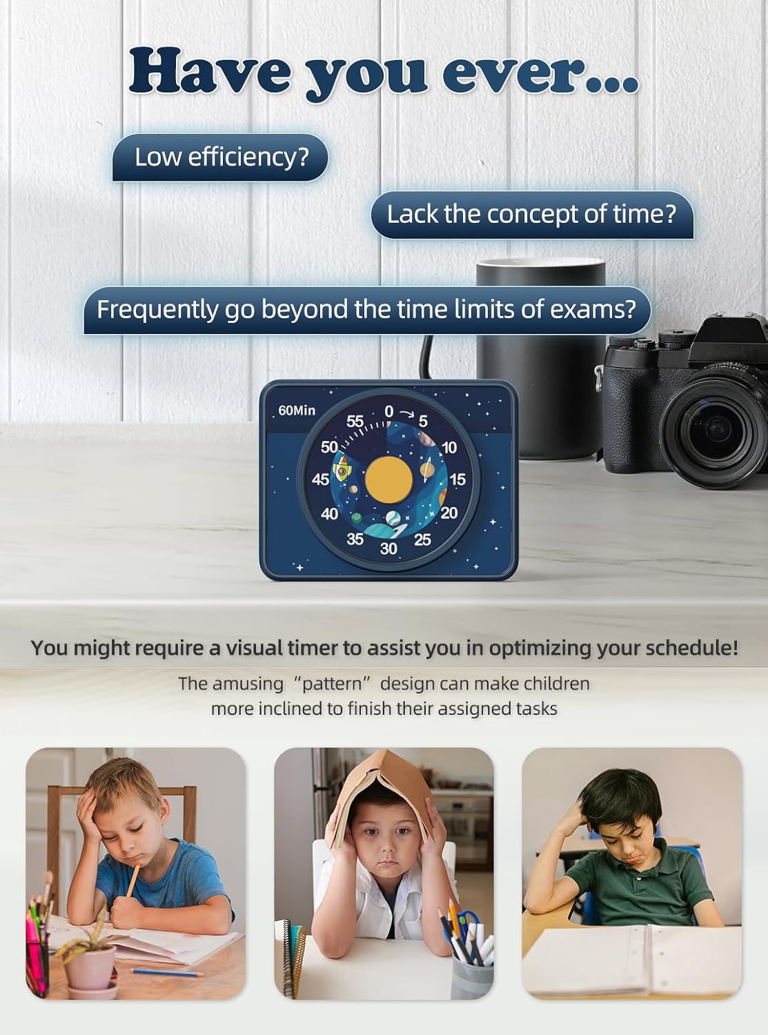 VOCOO Kids Visual Timer for Classroom - 60-Minute Countdown for Kitchen Cooking Office, Strong Magnet, Silent Time Management Tool, 2 AAA Batteries Included, Cute Starry Sky Pattern (Blue)