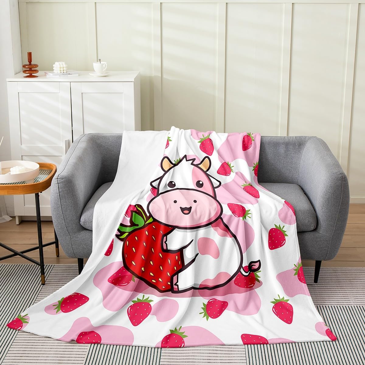 Feelyou Cartoon Cow Pattern Fleece Throw Blanket Kids,Pink Strawberry Cow Fuzzy Blanket for Bed Sofa Couch,All Season 3D Animals Theme Bed Blanket Breathable Plush Blanket Room Decor Queen 90"x90"