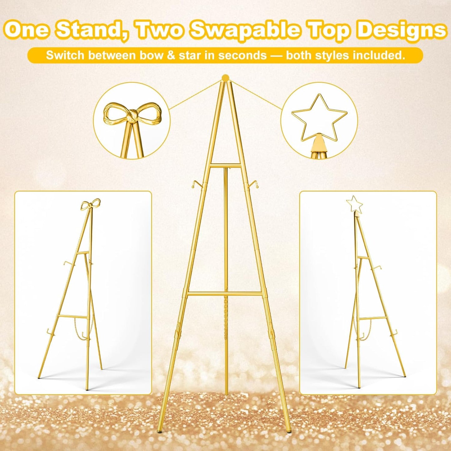 Interchangeable Bow & Star Top Gold Easel Stand for Sign, 62"–47" Height Adjustable Heavy Duty Wedding Easel Stand with 3 Display Modes — Perfect for Welcome Signs, Christmas Decor, Parties & Events