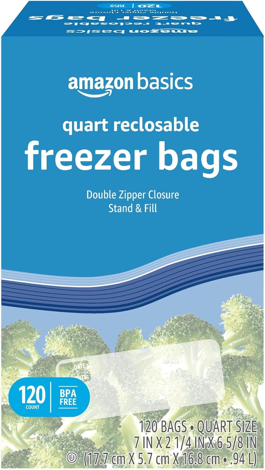 Amazon Basics Reclosable Freezer Quart Food Storage Bags with Zipper Seal, BPA Free, Stand and Fill, Airtight, 120 Count (Previously Solimo)