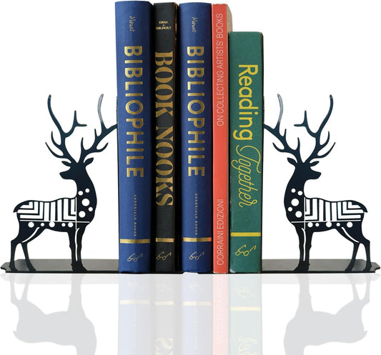 Modern Deer Metal Bookends for Shelves,Black Bookends Gifts for Book Lovers Men/Readers Women/Comic Book Fans/Kids, Decor for Bookshelf Kids Room Desk Accessories, Set of 2