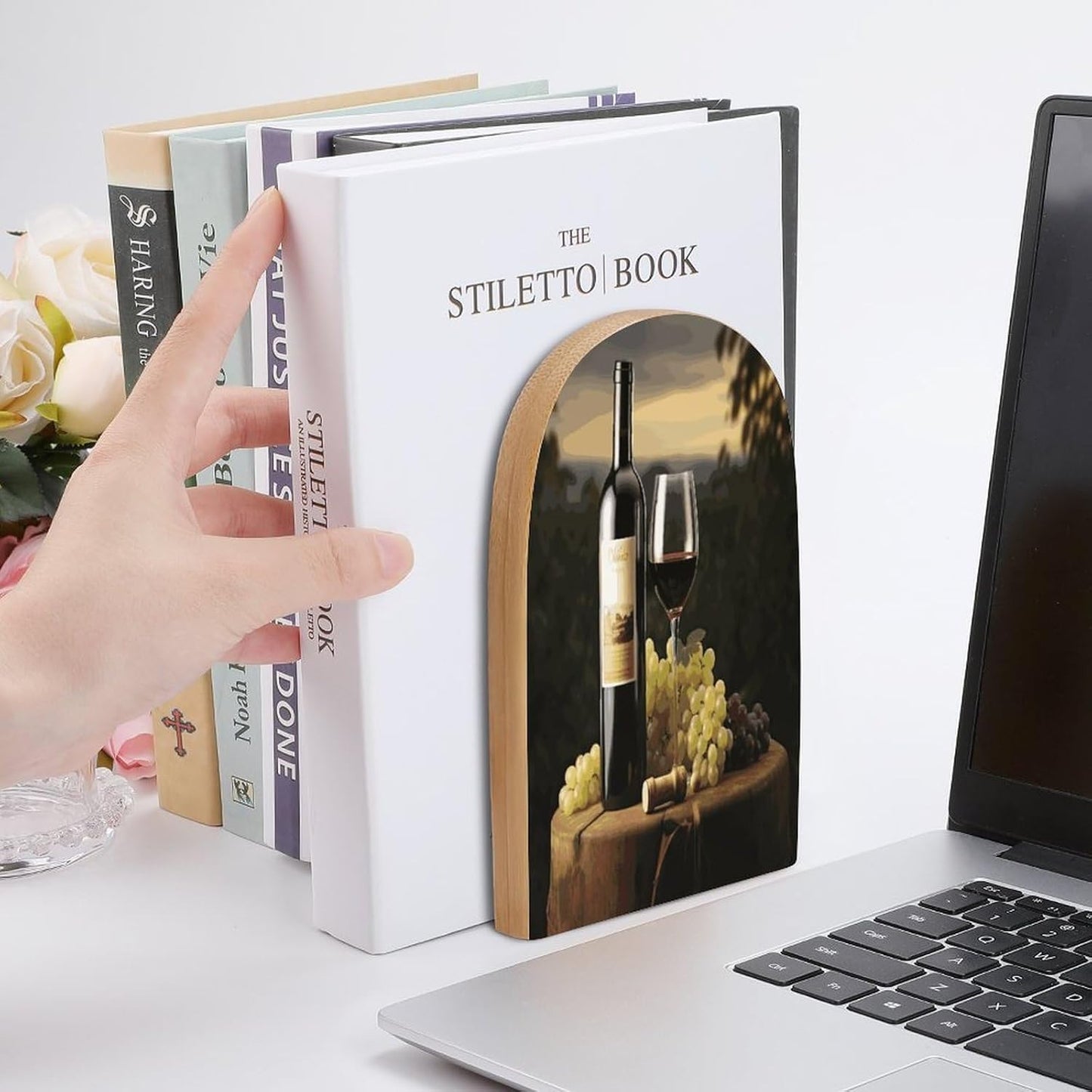 Red Wine Wooden Bookend Non-Slip Book Ends Heavy Duty Book Stopper with Metal Base Books Holderd Decorative Bookends Stands Firmly for Office Supplies