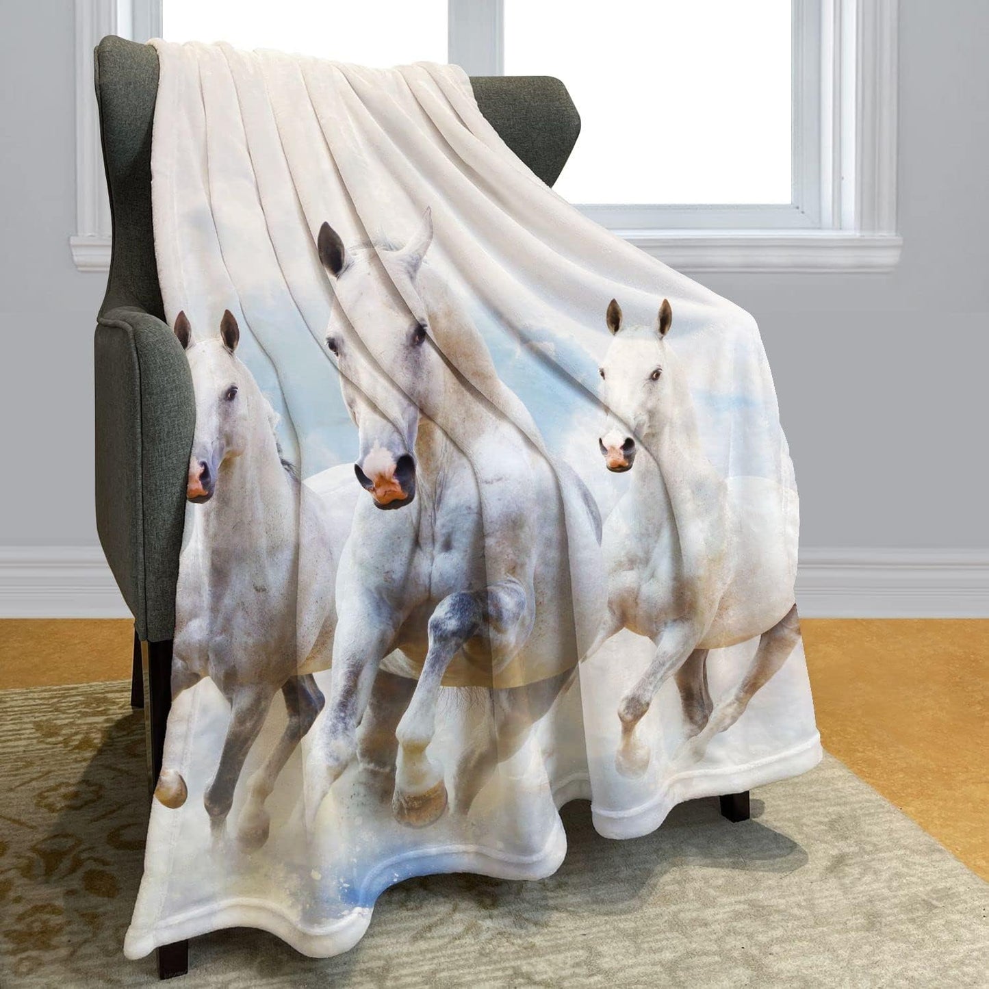 White Horse Throw Blanket Simple Design Running Animal White Cloud Fleece Blanket Soft Warm Cozy for Sofa Couch Bed 50"x60"