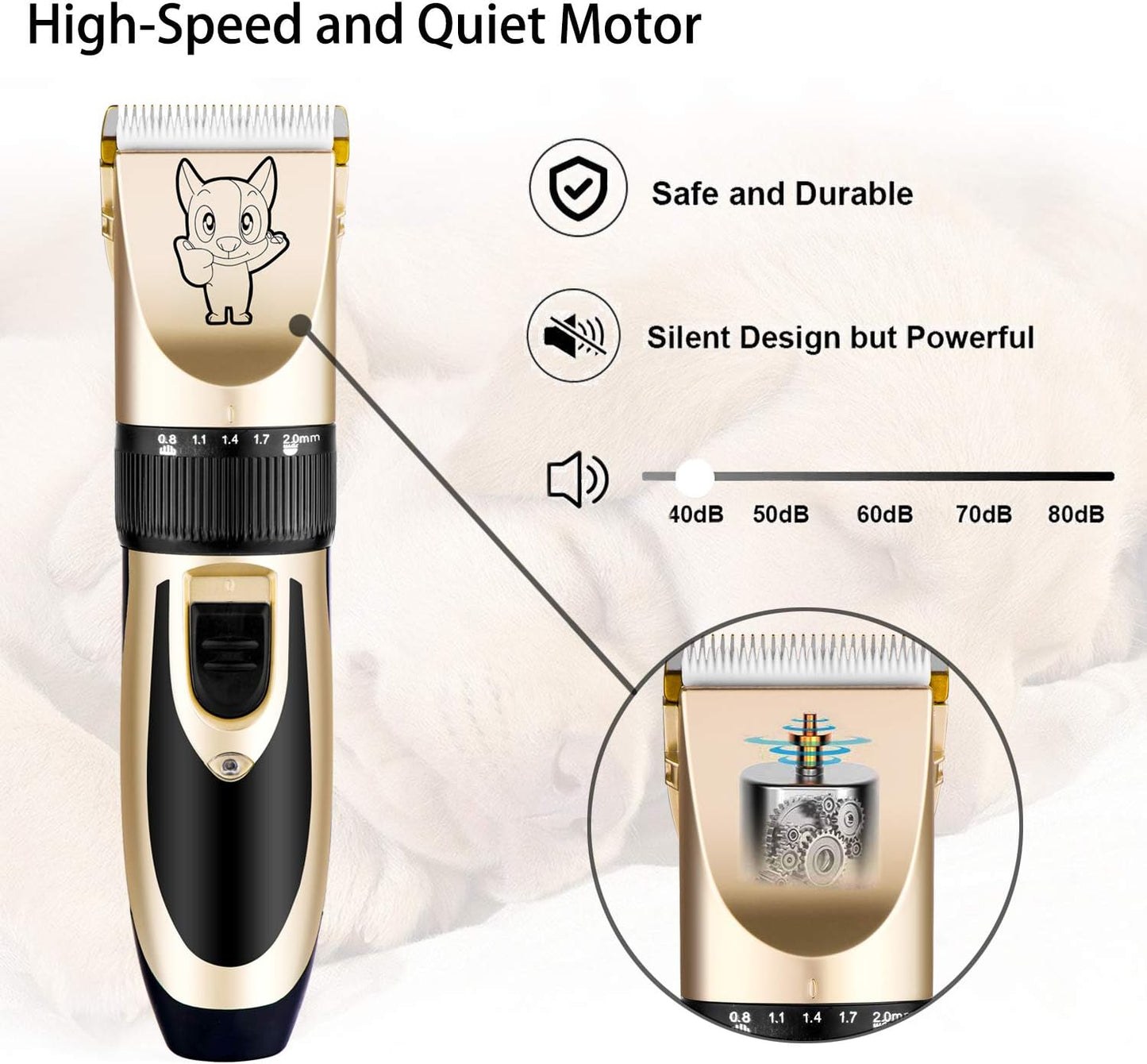 Highdas Dog Grooming Kit Clippers, Low Noise, Electric Quiet, Rechargeable, Cordless, Pet Hair Thick Coats Clippers Trimmers Set, Suitable for Dogs, Cats, and Other Pets (Gold)