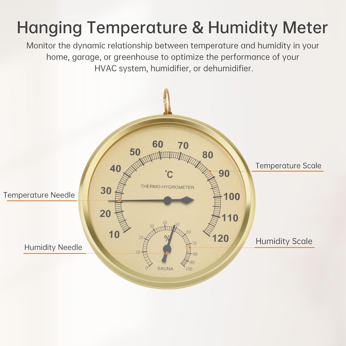 Analog Hygrometer Thermometer for Indoor Weather Dial Gauge Indicator Temperature and Humidity Monitor Hanging Hygrometer for Wall, Table, Garden, Greenhouse or Office Decorative (Gold 4.3inch)