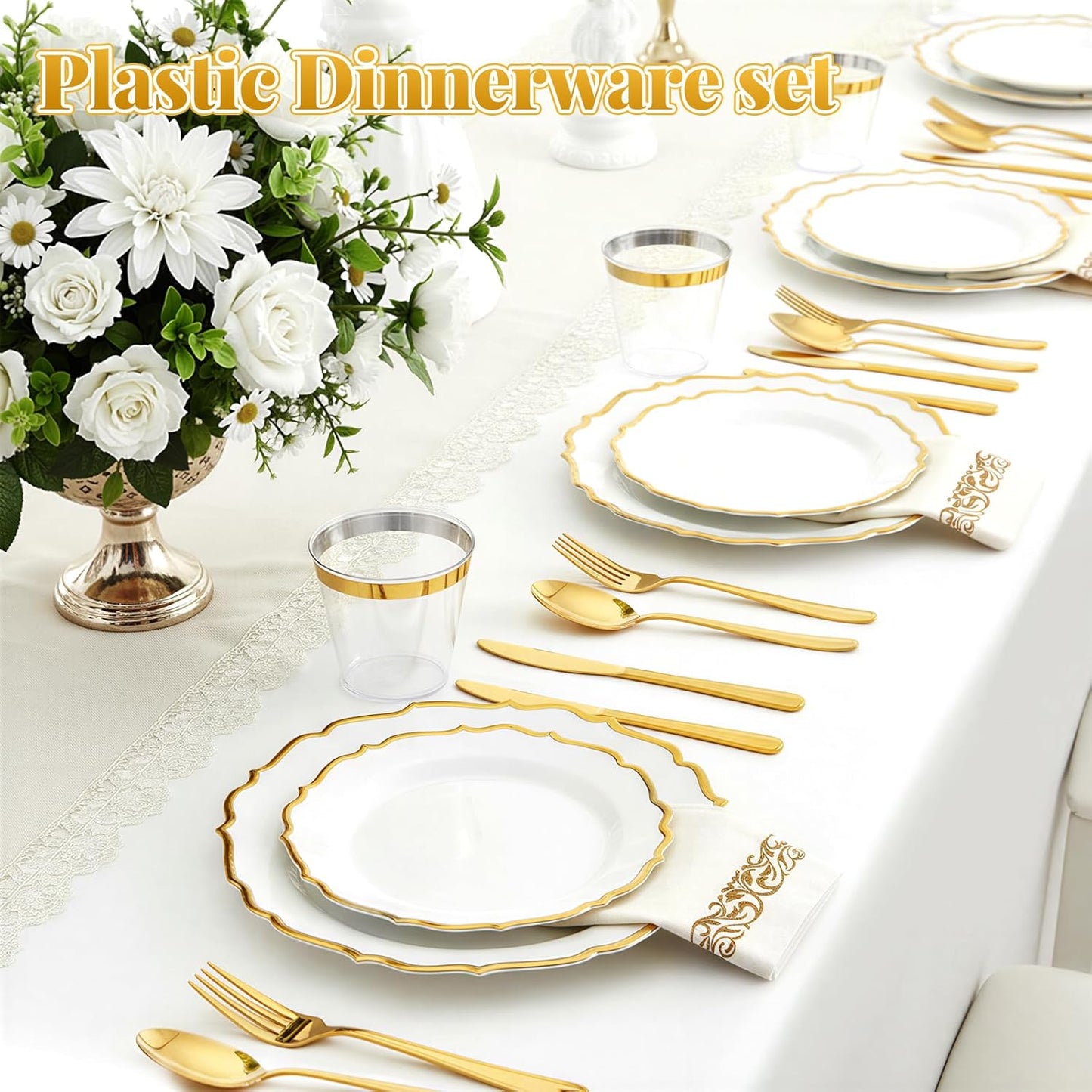 175 Plastic Dinnerware Set Gold Disposable Dinnerware Set for 25 Guests Include 50 Plastic Plates 25 Silverware Set 25 Cups and 25 Napkins for Easter Party Wedding Birthday
