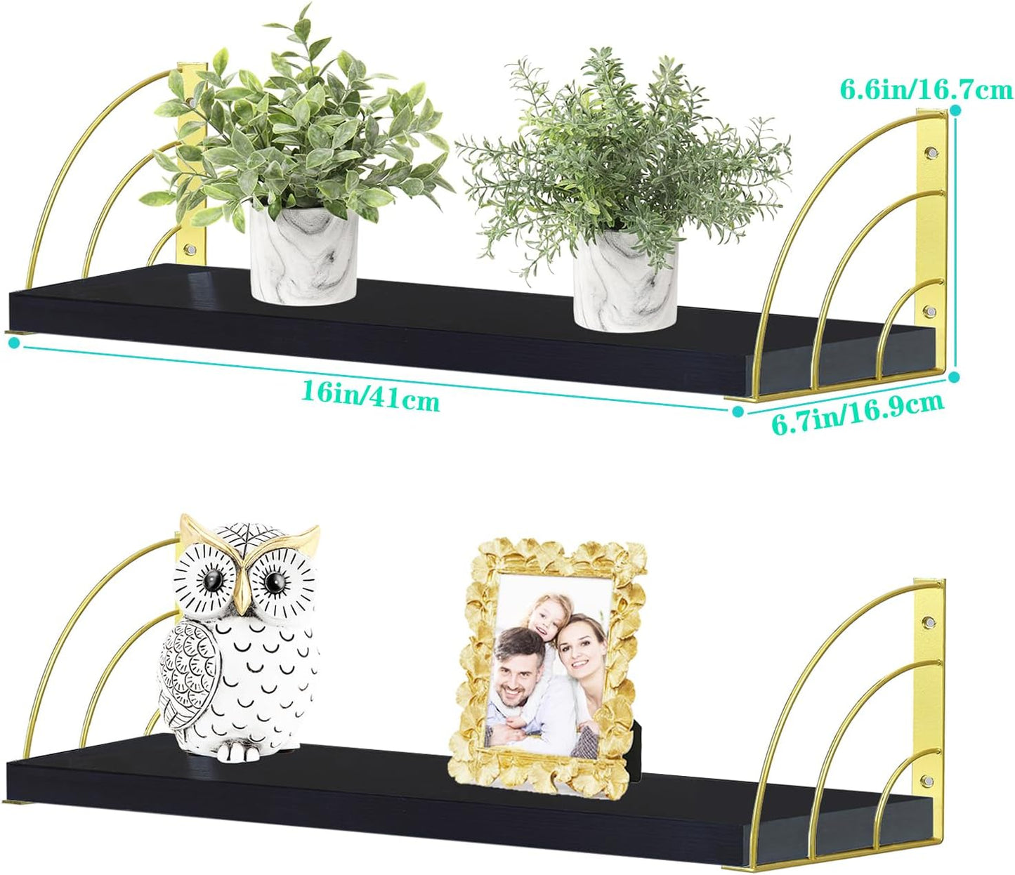 16 inch Black and Gold Floating Shelves - Curved Fan-Shaped Design with Built-in Anti-Slip Book Stops|0.71" Thicker Heavy Duty Wall Mounted Bookshelf|Book Shelf for Wall,Plants & Home Décor Set of 2