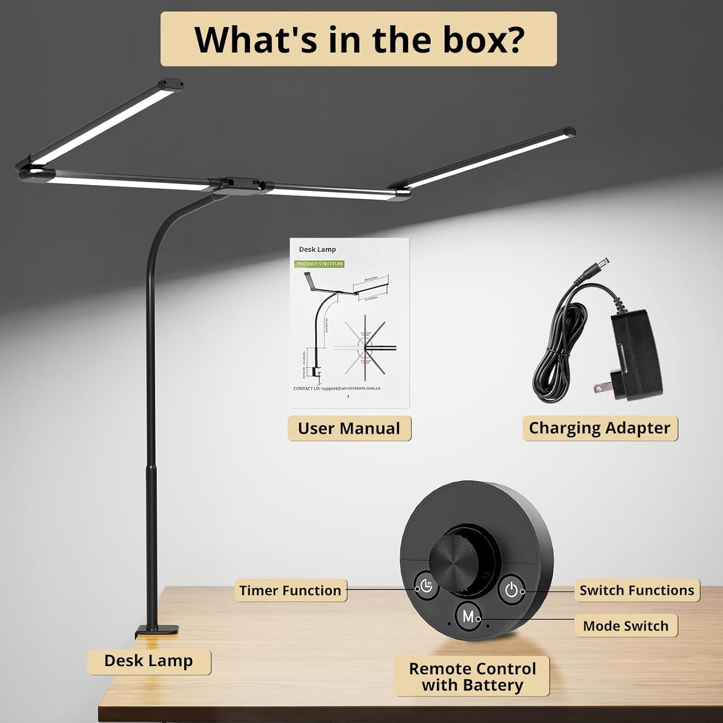 Desk Lamp, Clamp Desks Lamps for Home Office, 24W Flexible Gooseneck Table Lamp, 10 Color Modes & Brightness Eye-Caring Desk Light w/USB Adapter (12V2A Black)