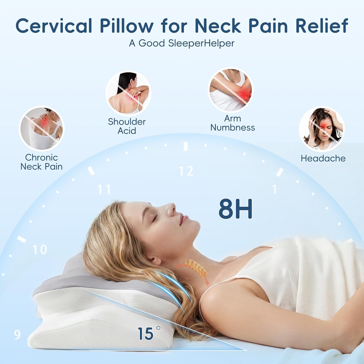 Cervical Pillow for Neck and Shoulder Support, Ergonomic Contour Pillow for Pain Relief, 2 Heights Cooling Memory Foam Orthopedic Pillow for Side Back Stomach Sleepers Grey White