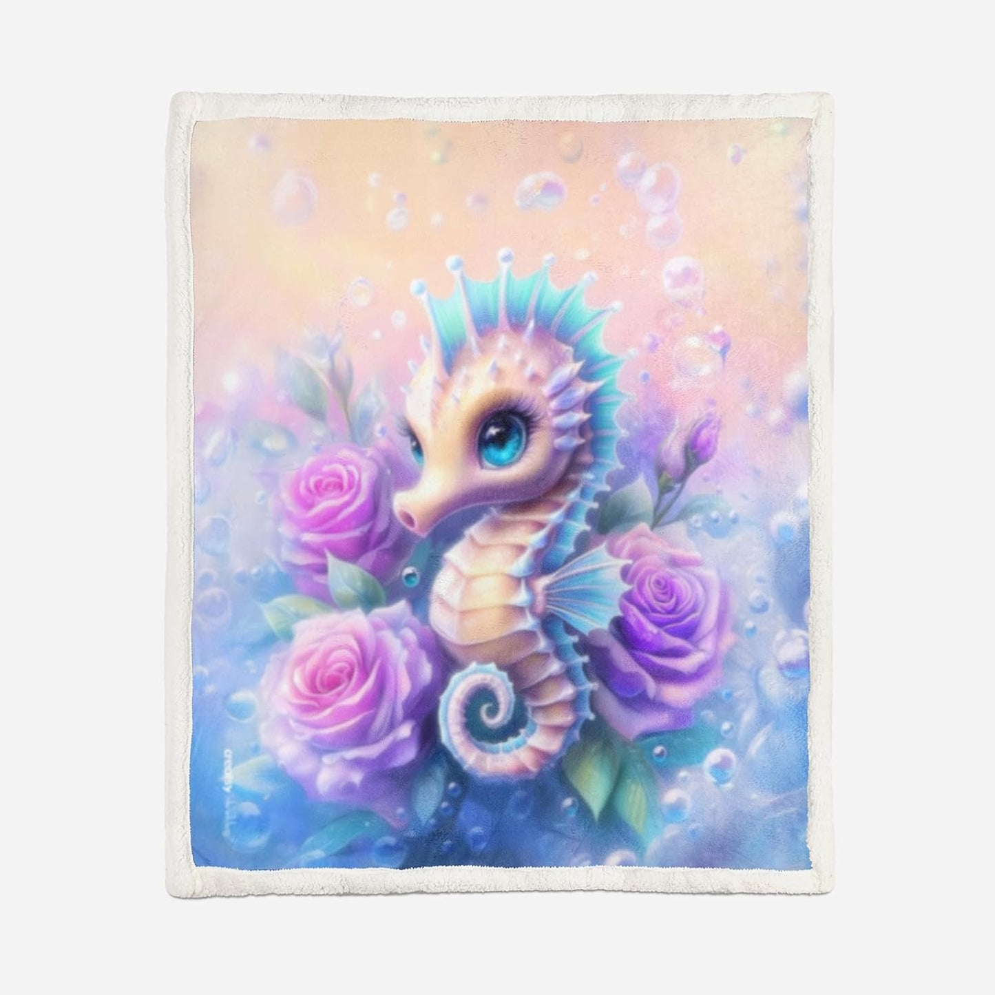 AILONEN Cartoon Rainbow Seahorse Sherpa Fleece Throw Blanket,Ocean Animal Floral Sherpa Blankets for Kid Teen Girls,Colorful Bubble Blanket for Bed Sofa Couch Decor,Soft and Cozy, 59 x 47 Inches
