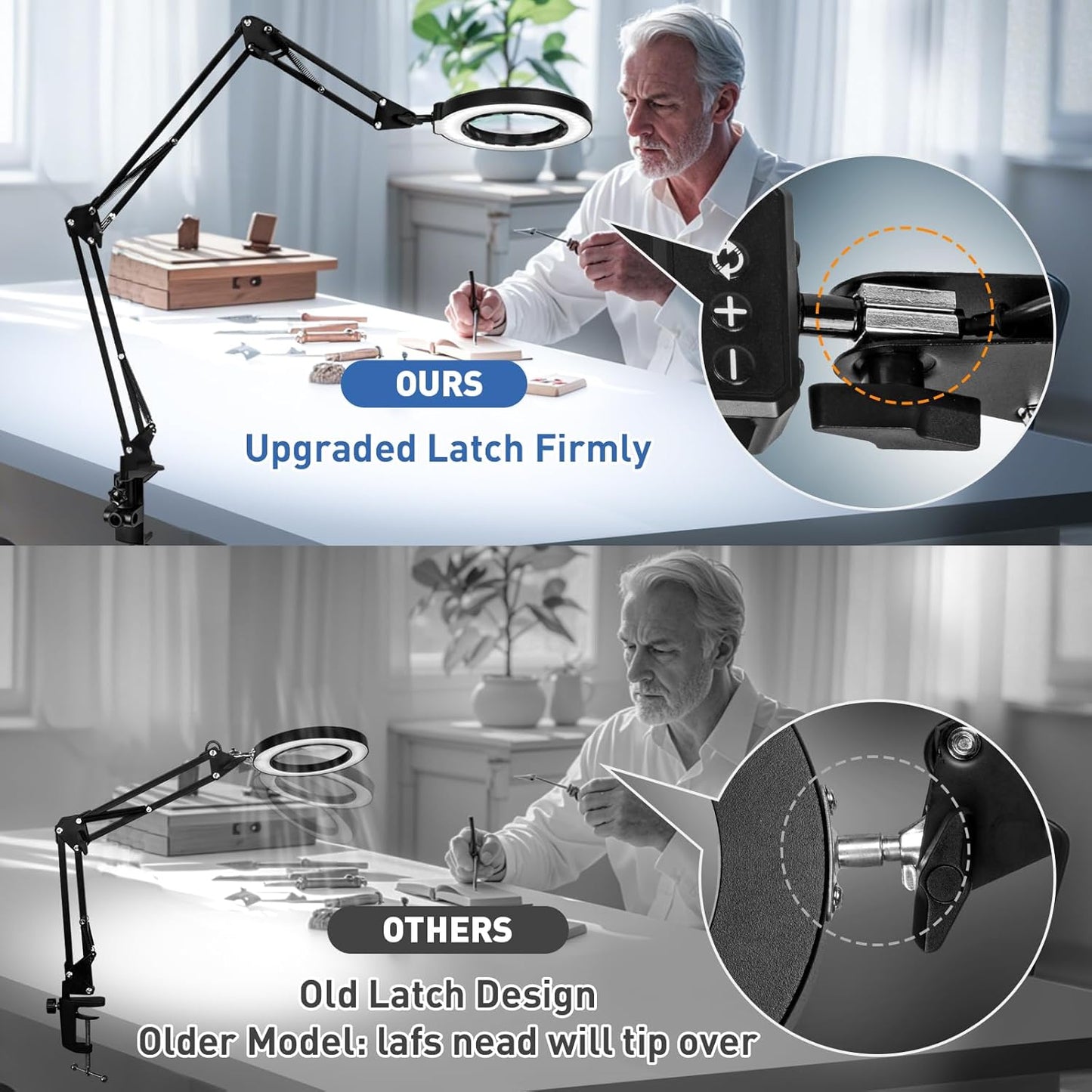 HITTI Ultra Long 12X Magnifying Glass with Light and Clamp, 5 Color Modes Steepless Dimming Desk Lamp, Swivel Arm Workbench Light, Hands Free Lighted Magnifier Stand for Craft Reading Soldering
