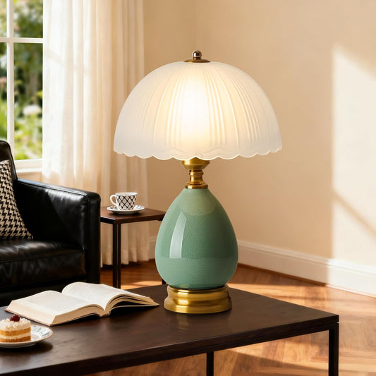 Ceramic Table lamp, Modern Bedside Lamps Green Mid Century Vintage Desk Lamp Retro Glass Mushroom Traditional Lamp for Nightstand Living Room Bedroom Home Decor (S04GN-1PACK)