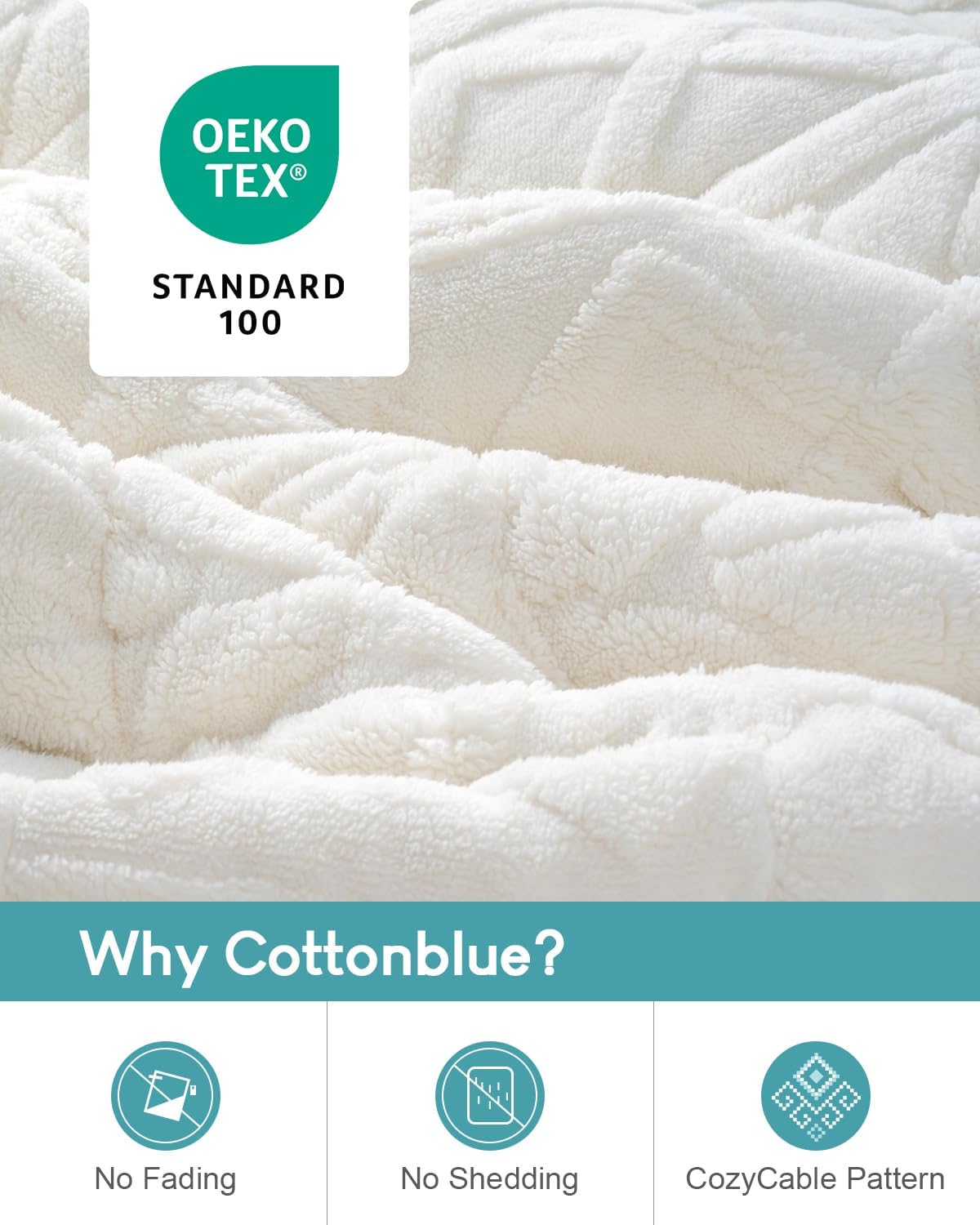 Cottonblue Weighted Blanket 15lbs for Twin/Full Ded - Plush Jacquard Sherpa Bed Blanket for Deep Sleep and Relaxation, Heavy Calm Blankets with Glass Beads, 48x72 Inches, Cream White