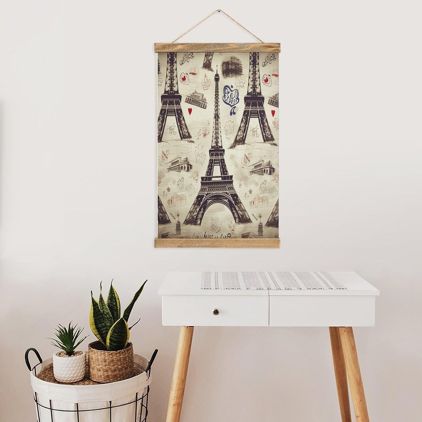 Vintage French Paris Tour Eiffel Tower Poster with Wooden Frame Personalized Linen Hanging Scroll Painting Rustic Wall Hanging Illustrative Modern Artwork Decor for Home Living Room Bedroom Office