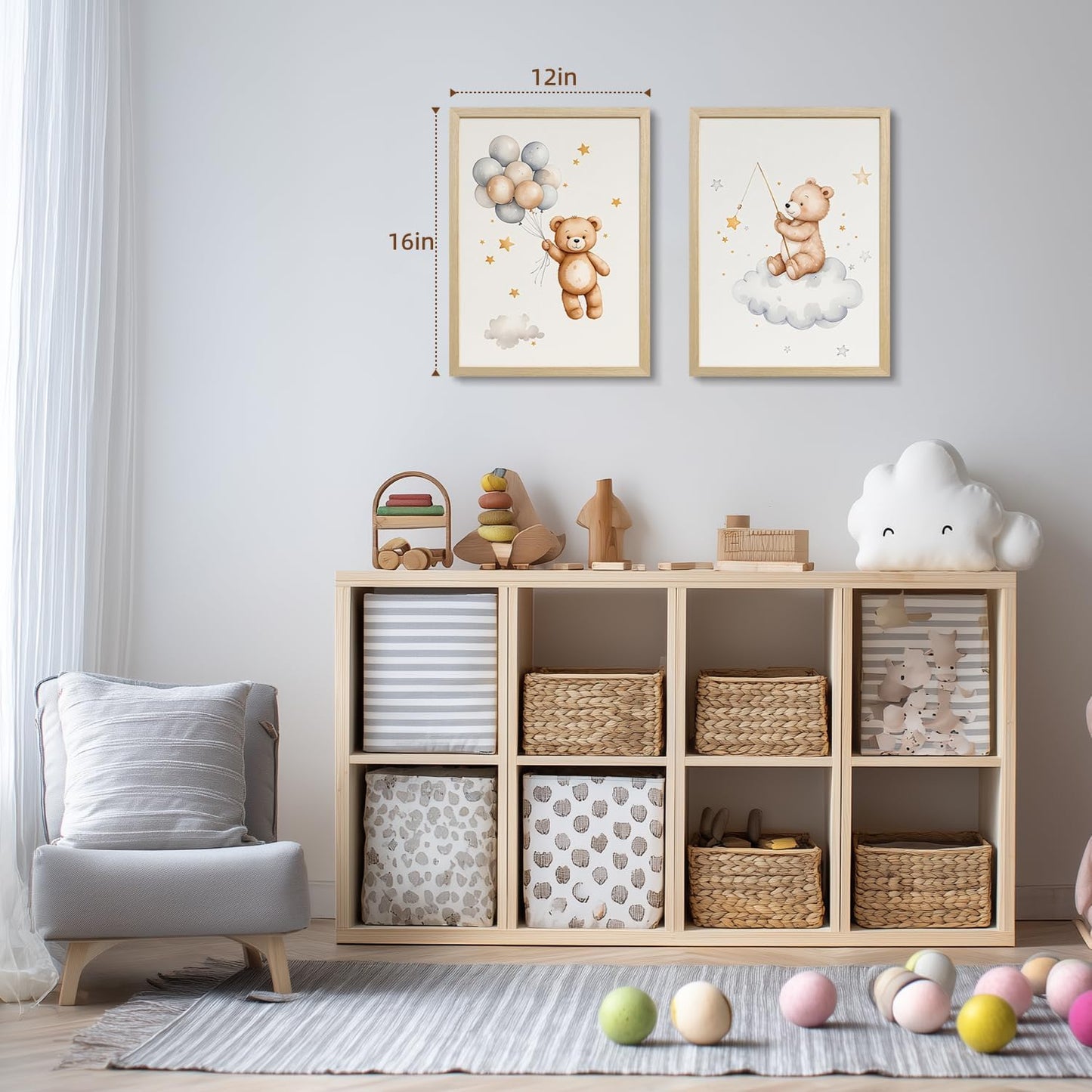 EisEver Baby Nursery Wall Art Set of 3, Bear Moon Cloud Balloon Nursery Decor, Cute Teddy Bear Boys Girls Room Art Prints, Neutral Beige Kids Room Artwork for Bedroom Playroom Wood Framed 16x24 inch
