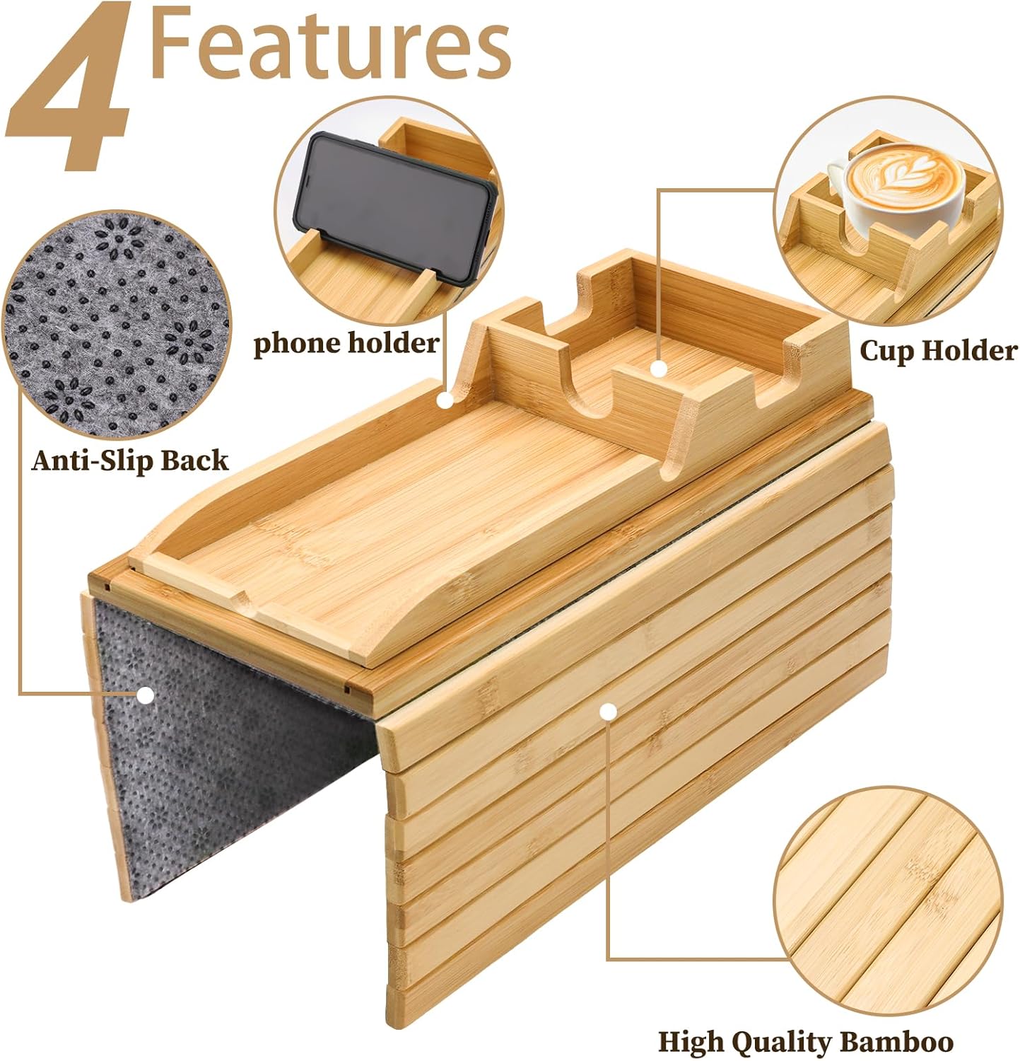 Bamboo Couch Arm Tray with Detachable Cup Holder - 2 in 1 Design, Foldable Anti-Falling Sofa Armrest Tray for Cups, Snacks, Remote