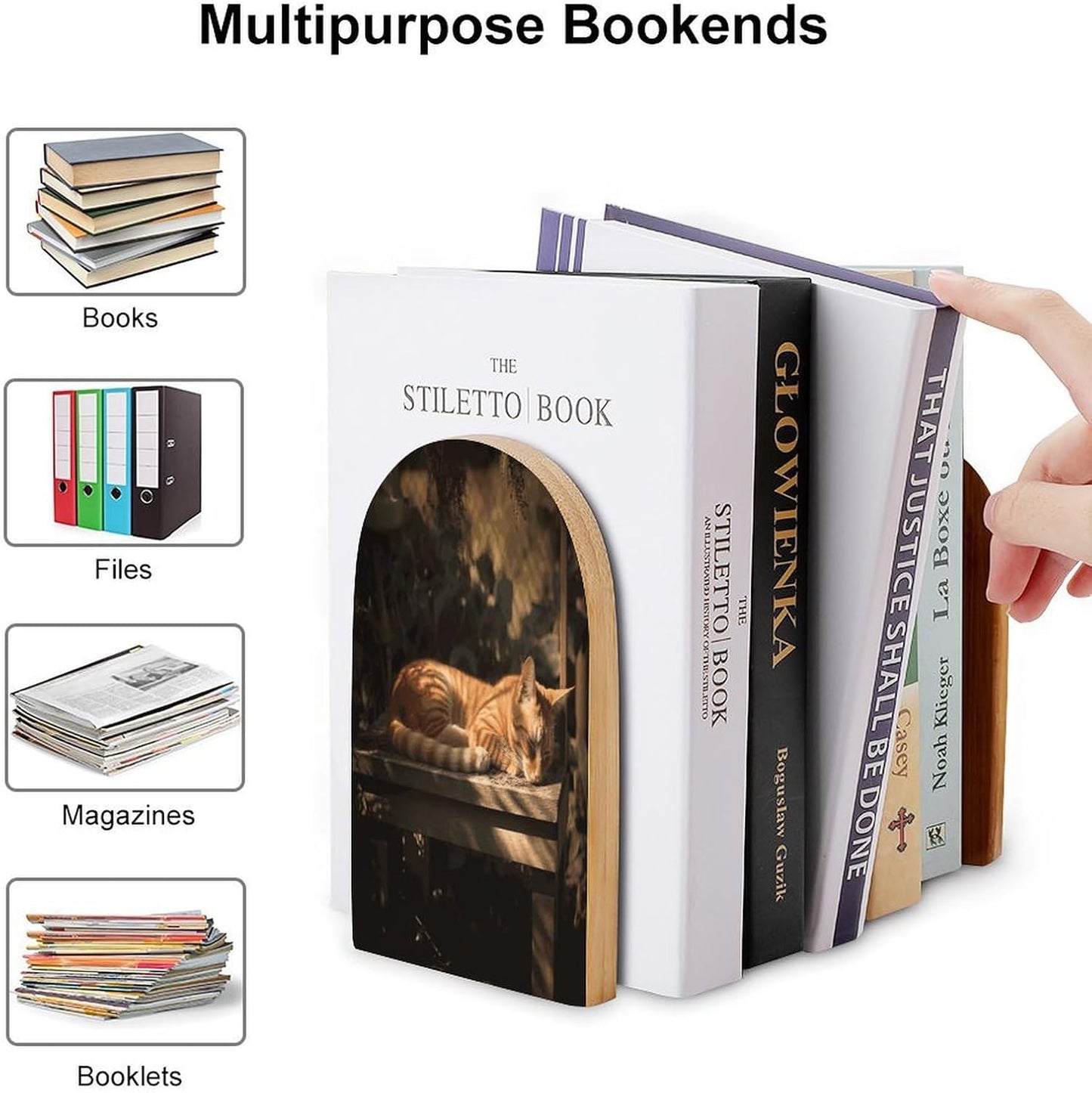 Orange Cat Sleeping Bookend for Shelves Wooden Book End Large Size Sturdy Book Holders Stoppers with Metal Base for Bookshelves Slick Decorative Bookends Stands