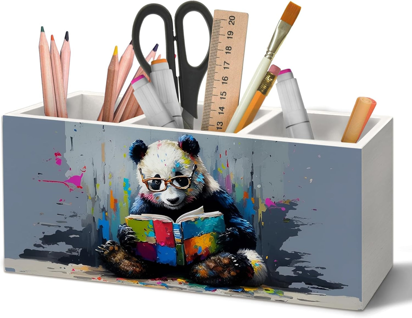Book Lovers Gifts Pen Holder Organizer for Desk Accessories, Watercolor Reading Panda Bookish Wooden Box Desk Decorations for Kids Reading Corner Nook Room Classroom Decor