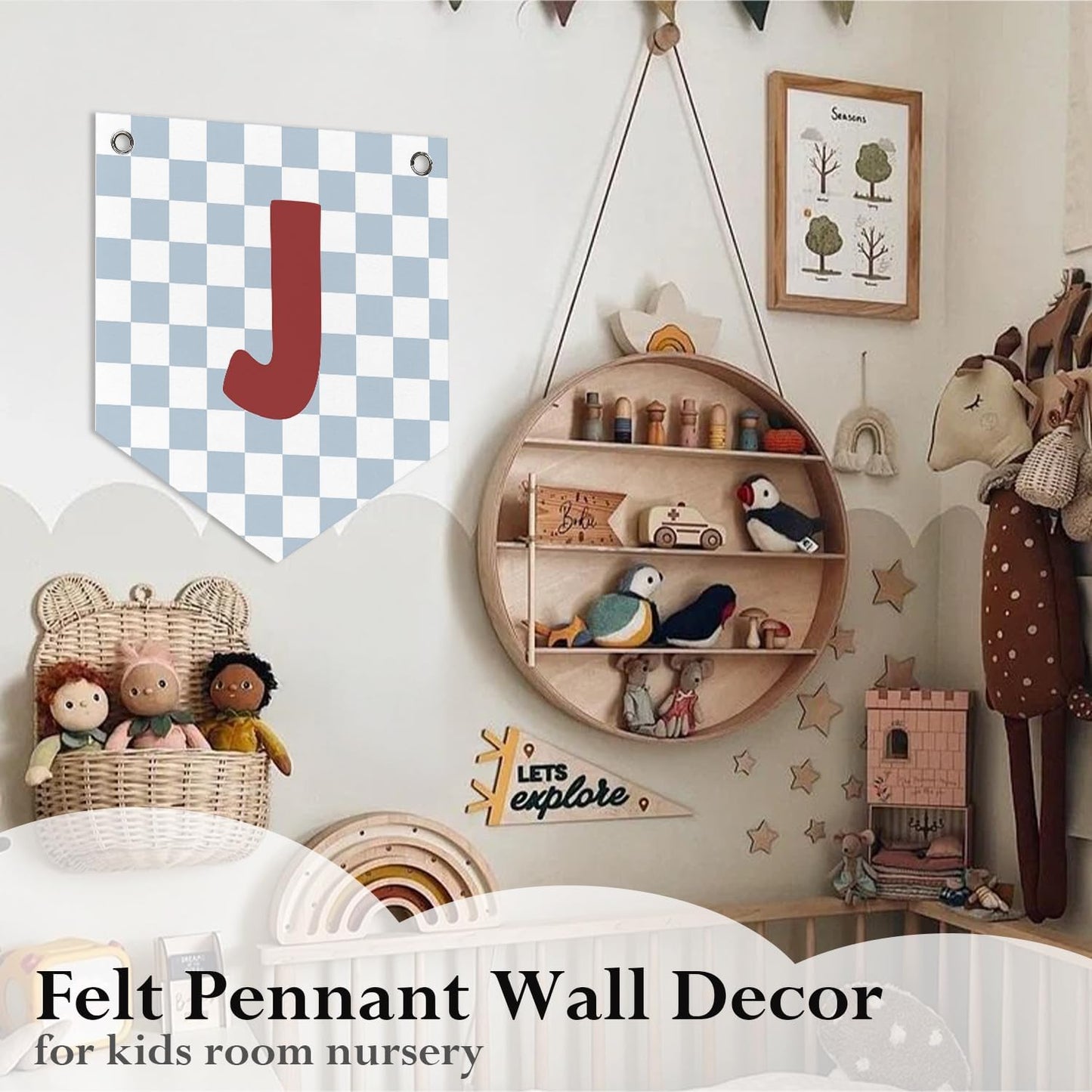 Kids Wall Art Felt Pennant Banner Flag, Custom Name Sign for Kids Room Toddler Bedroom Playroom, Bedroom Nursery Toddler Wall Art Decorations for Baby Shower, Letter J 12x14 Inch