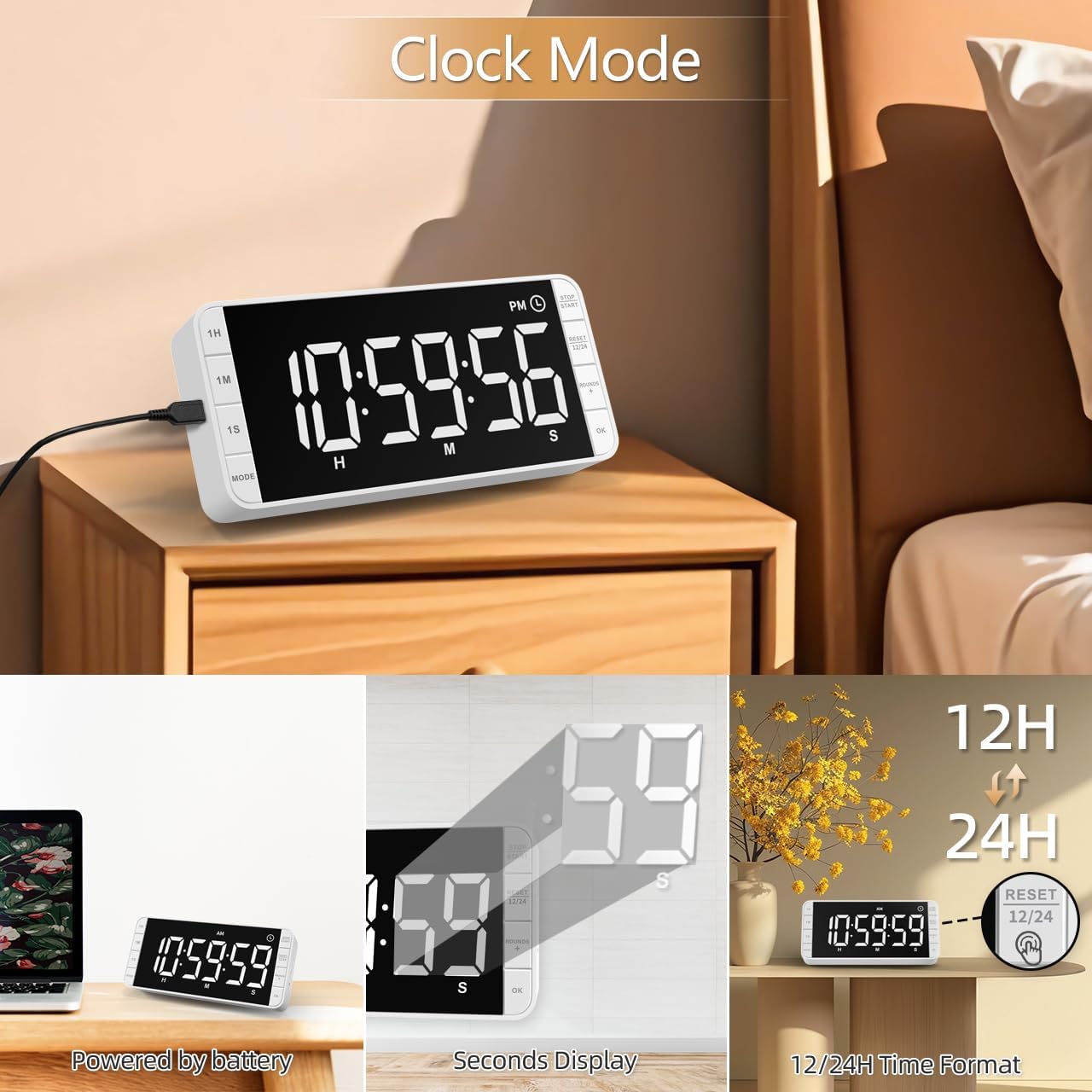 Rechargeable Kitchen Timer - 7.8" Extra Large Display, Magnetic LED, 5 Alarms, 99H Countdown/Countup for Cooking, Classroom, Home Gym