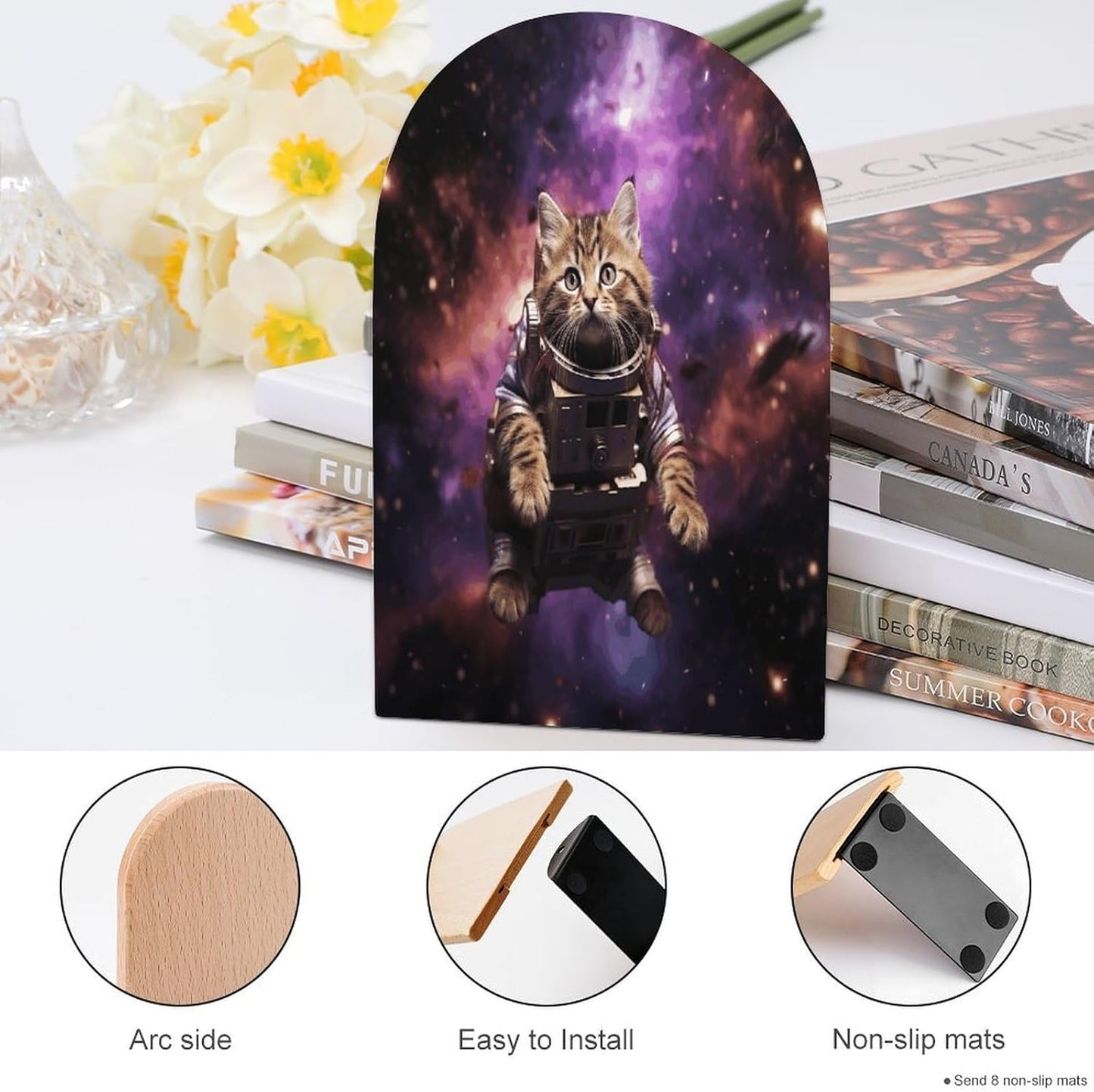 A Cat in Outer Space Bookend for Shelves Wooden Book End Large Size Sturdy Book Holders Stoppers with Metal Base for Bookshelves Slick Decorative Bookends Stands