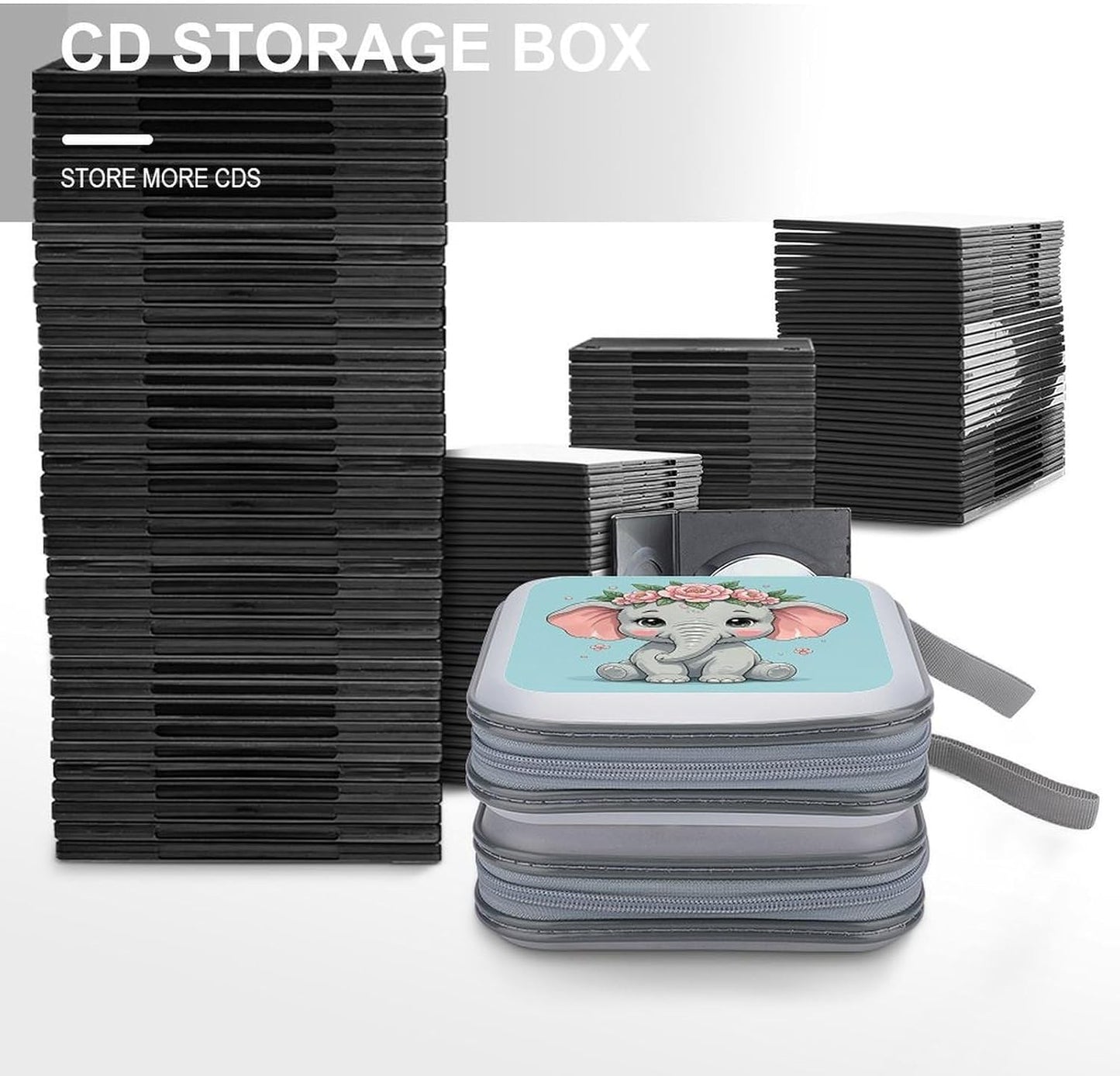 Cute Flower Elephant CD Case Portable Zipper CD Case 40 Capacity Hard Plastic DVD Cases Holder Large Storage Disc Wallet Bag for Car Home Travel DVD Collection Bag