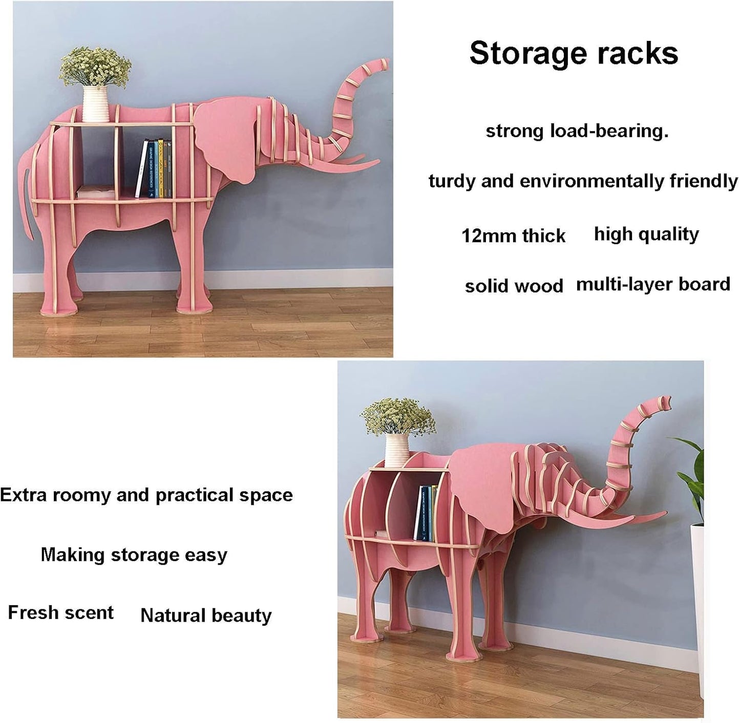 Wooden Bookshelf - Animal Shape Storage Bookcase, Pink Children Elephant Shape Vertical Display Stand, Shop Restaurant Floor Shelf Reading Storage Decoration Theme Side Table ()