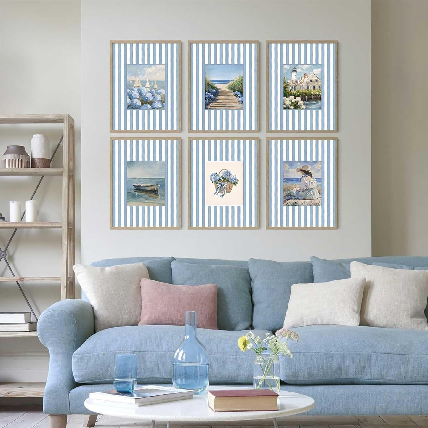 6Pcs Coastal Granddaughter Wall Art Prints Blue Stripe Hydrangea Beachy Wall Decor Pictures Summer Beach House Preppy Aesthetic Posters for Girly Bedroom Dorm Apartment Home Decoration (blue, 10"L x 8"W, Unframed)