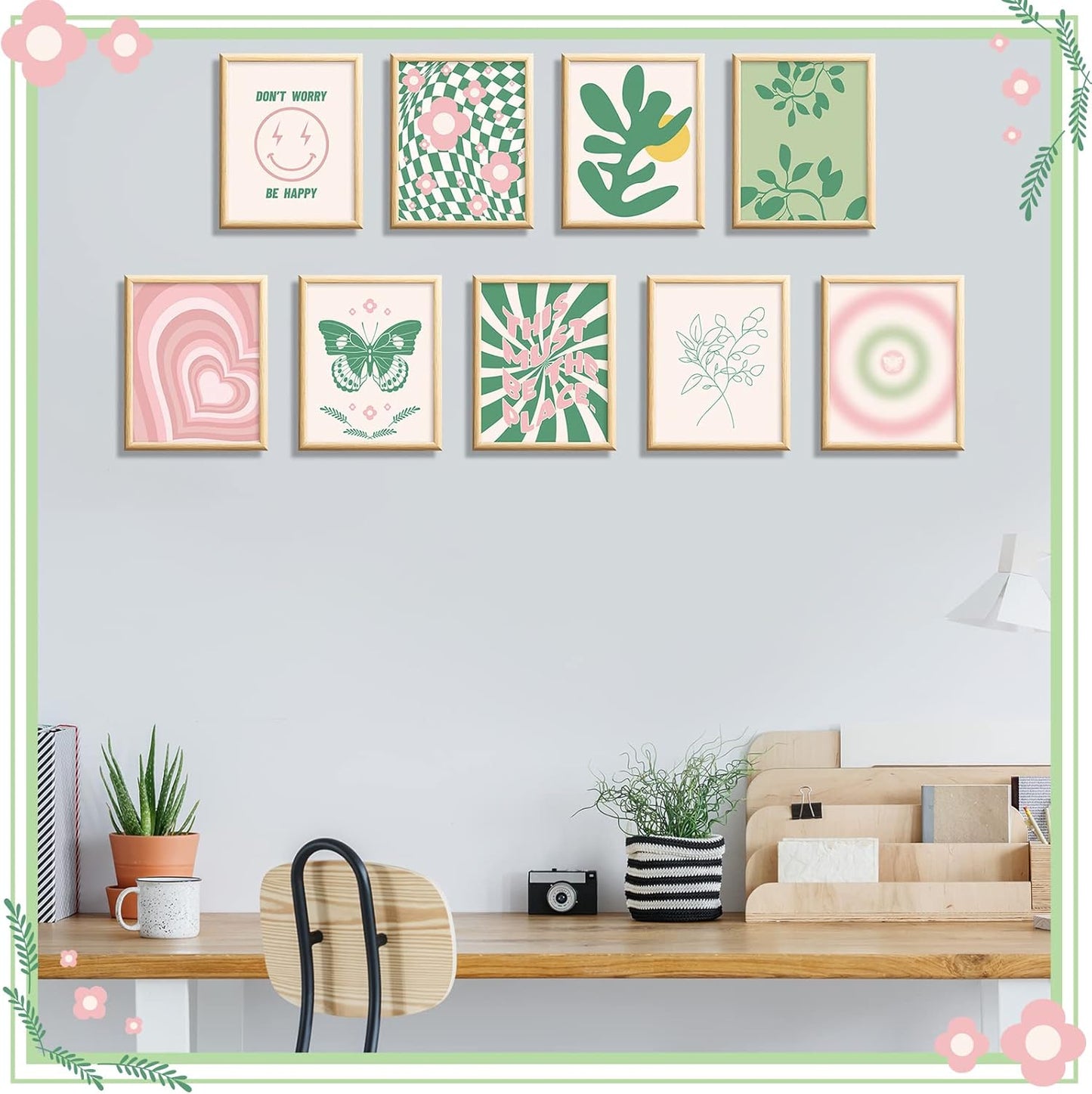 Fainne 9 Pieces Aesthetic Danish Pastel Room Decor Wall Decor Abstract Home Wall Art Decorations for Living Room Bedroom Decorations, 8 x 10 Inches Unframed (Green and Pink Style)