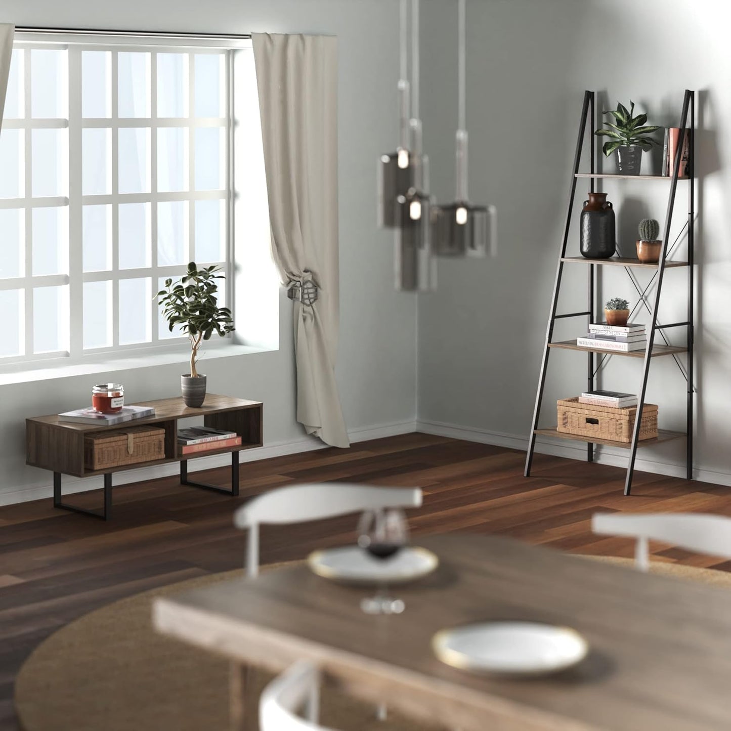 ClosetMaid Rectangular Wood Coffee Table with Storage Shelves, Narrow, 39.45" Wide, Light Finish, Gray
